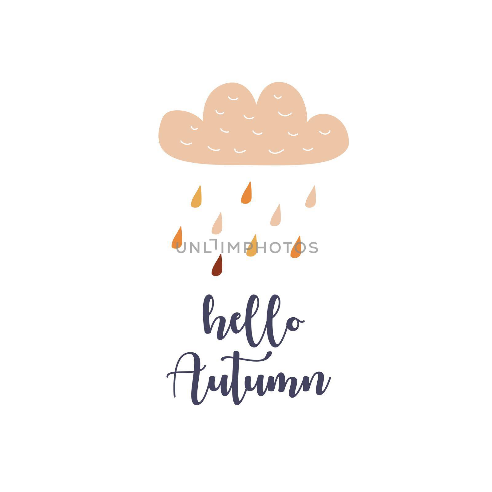 Card design with text hello Autumn. Hand drawn style. Rain with drops and clouds by natali_brill