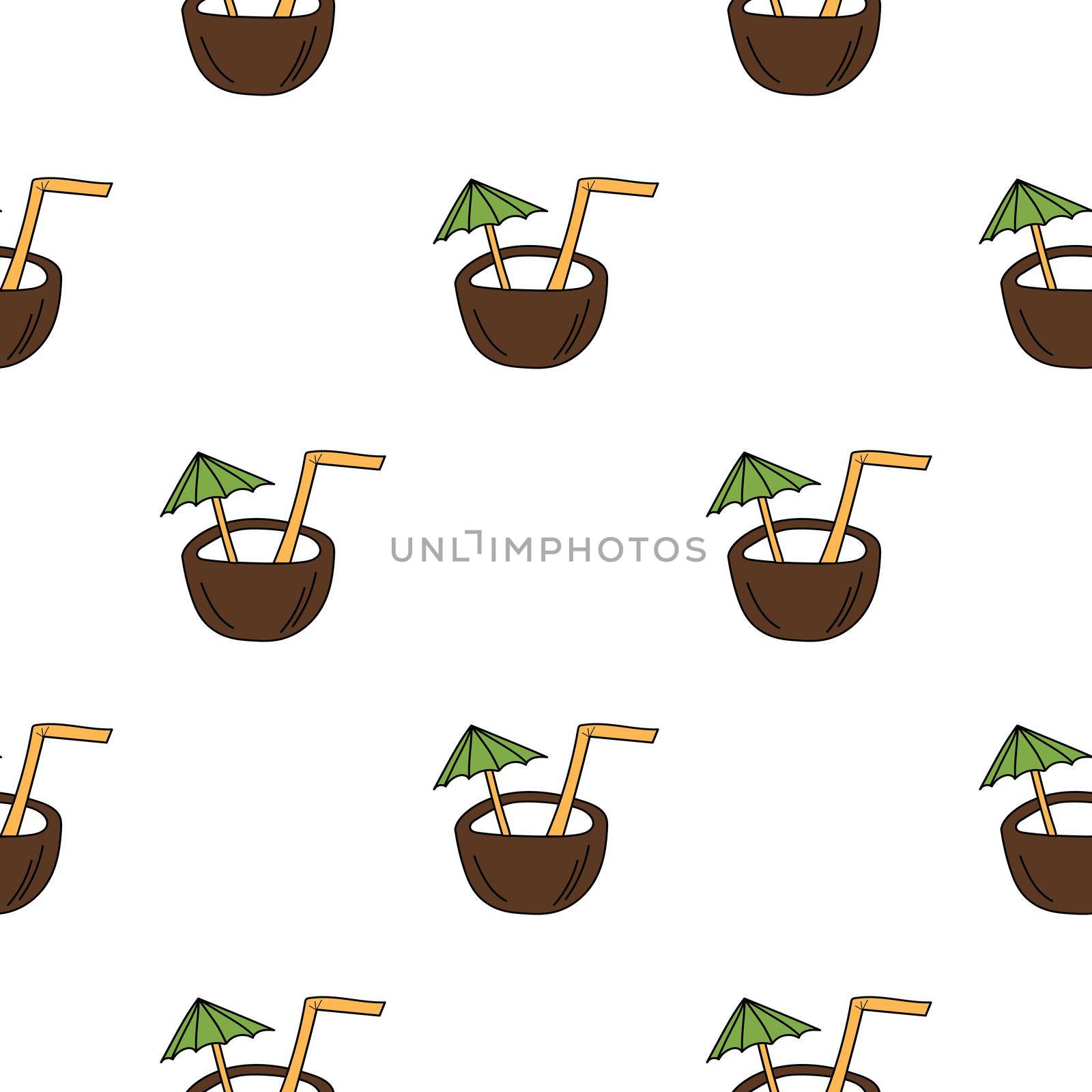 Hand drawn coconut cocktail seamless pattern on white background. Summer coctails. Repeating background. Use for fabric, wallpaper, wrapping