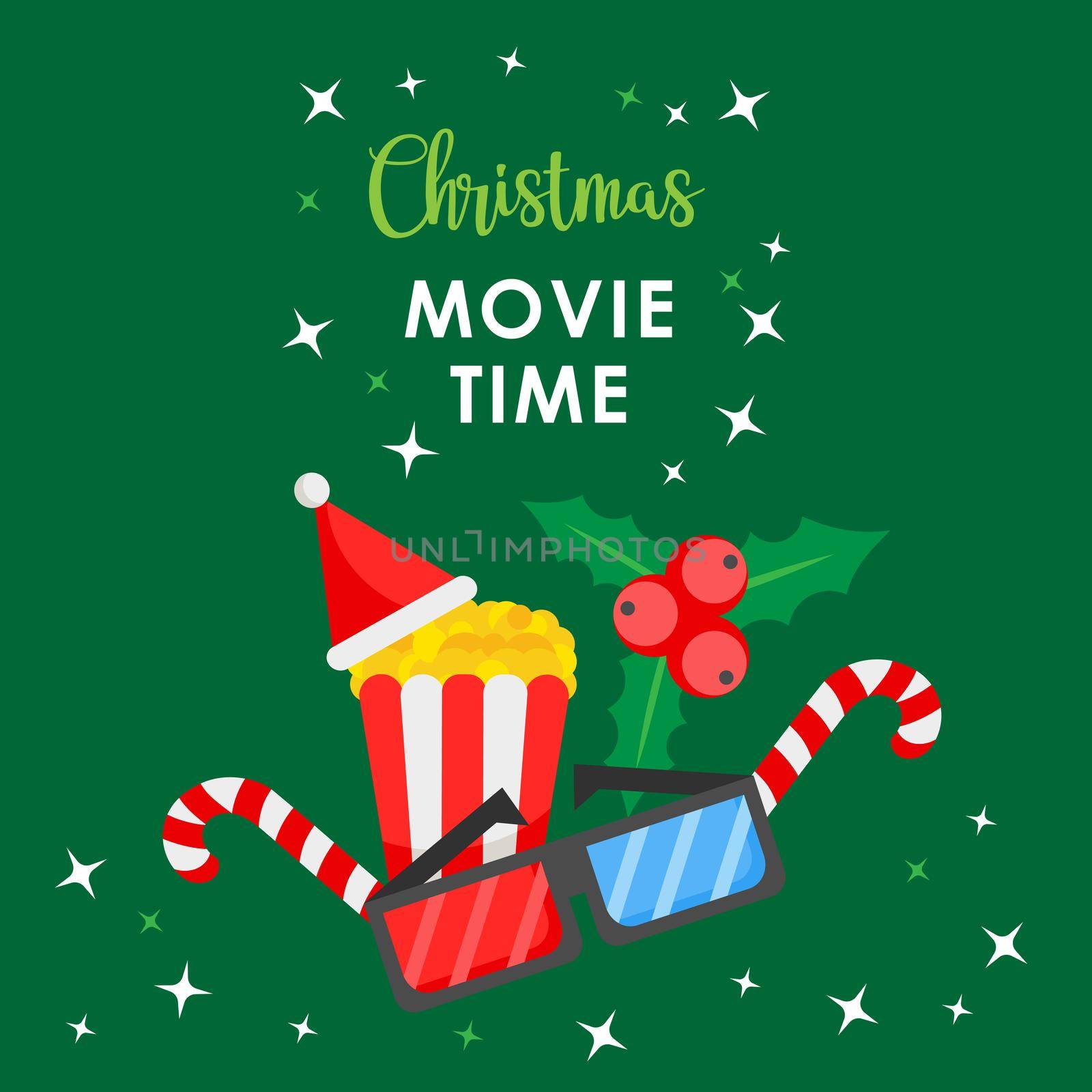 Christmas movie time. Cartoon banner on a green background with popcorn and 3D glasses. Holiday concept