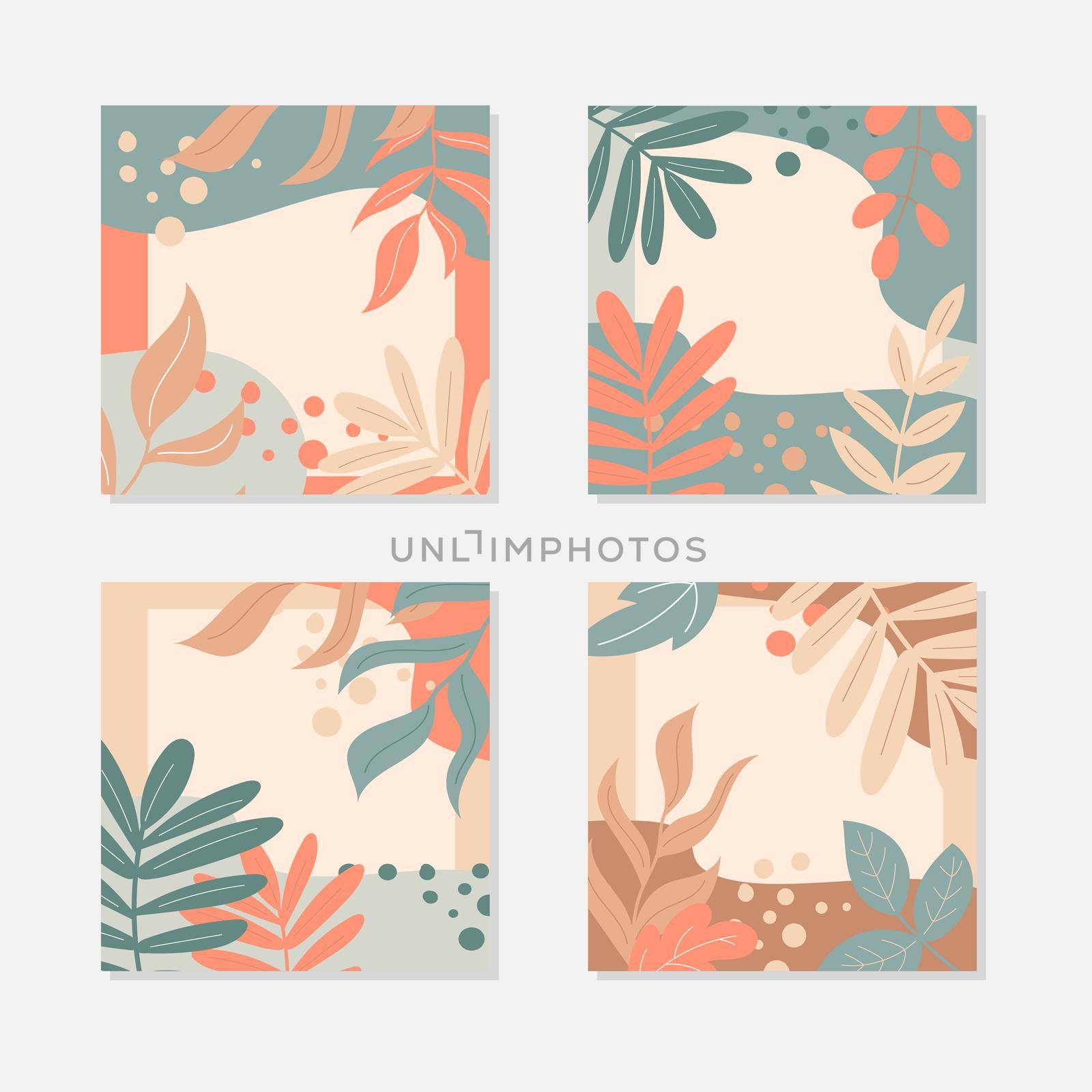 Abstract leaves art. A set of square postcards in pastel colors. Autumn leaves and decor elements. Vector illustration