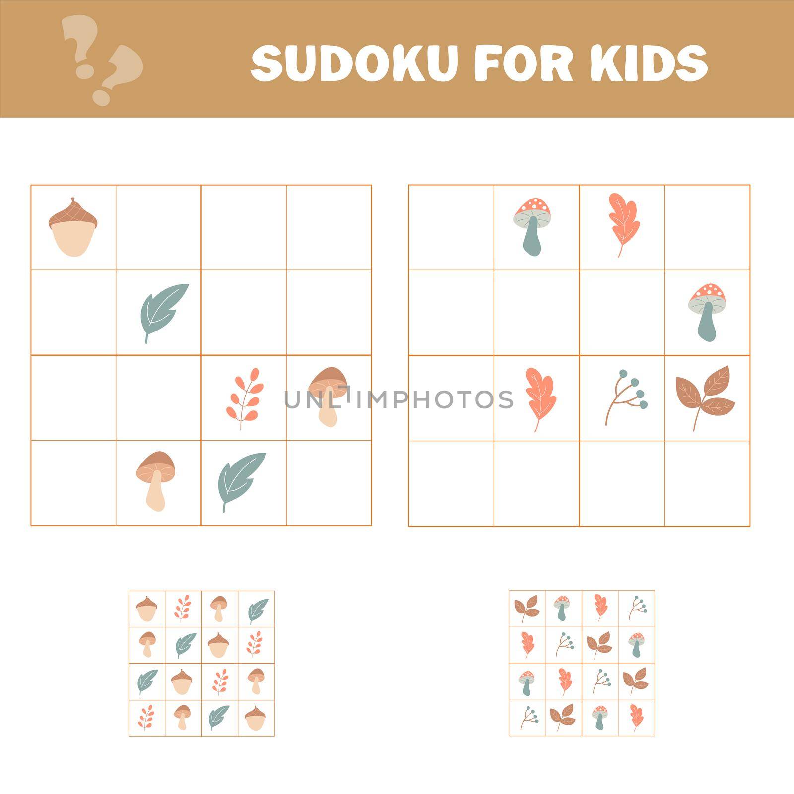 Set of tasks for the development of logical thinking of children. Sudoku with pictures is education game. Autumn theme.