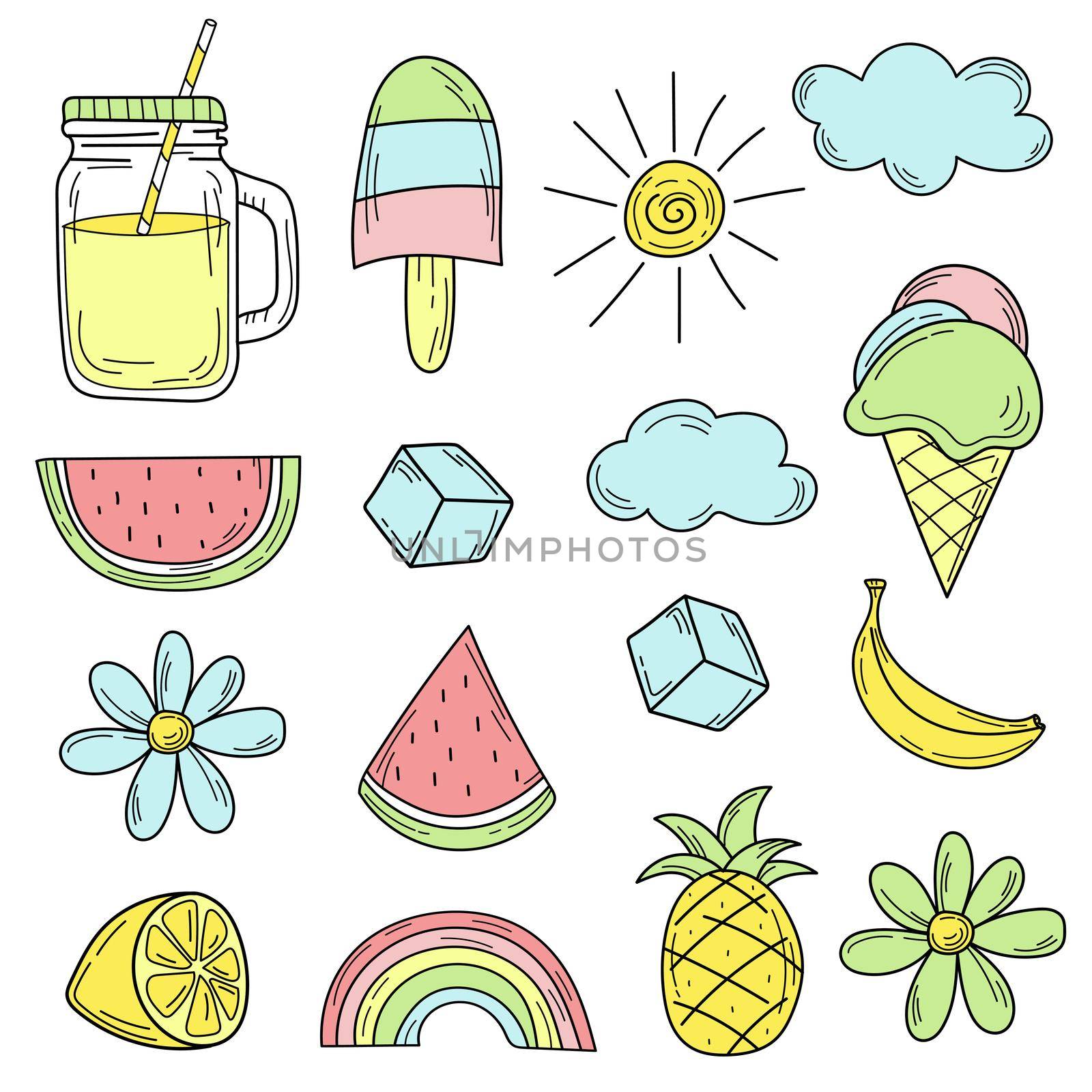 Cute colorful summer icons. Hand drawn set of summer elements for design. Lemonade, fruits, sun, flowers.