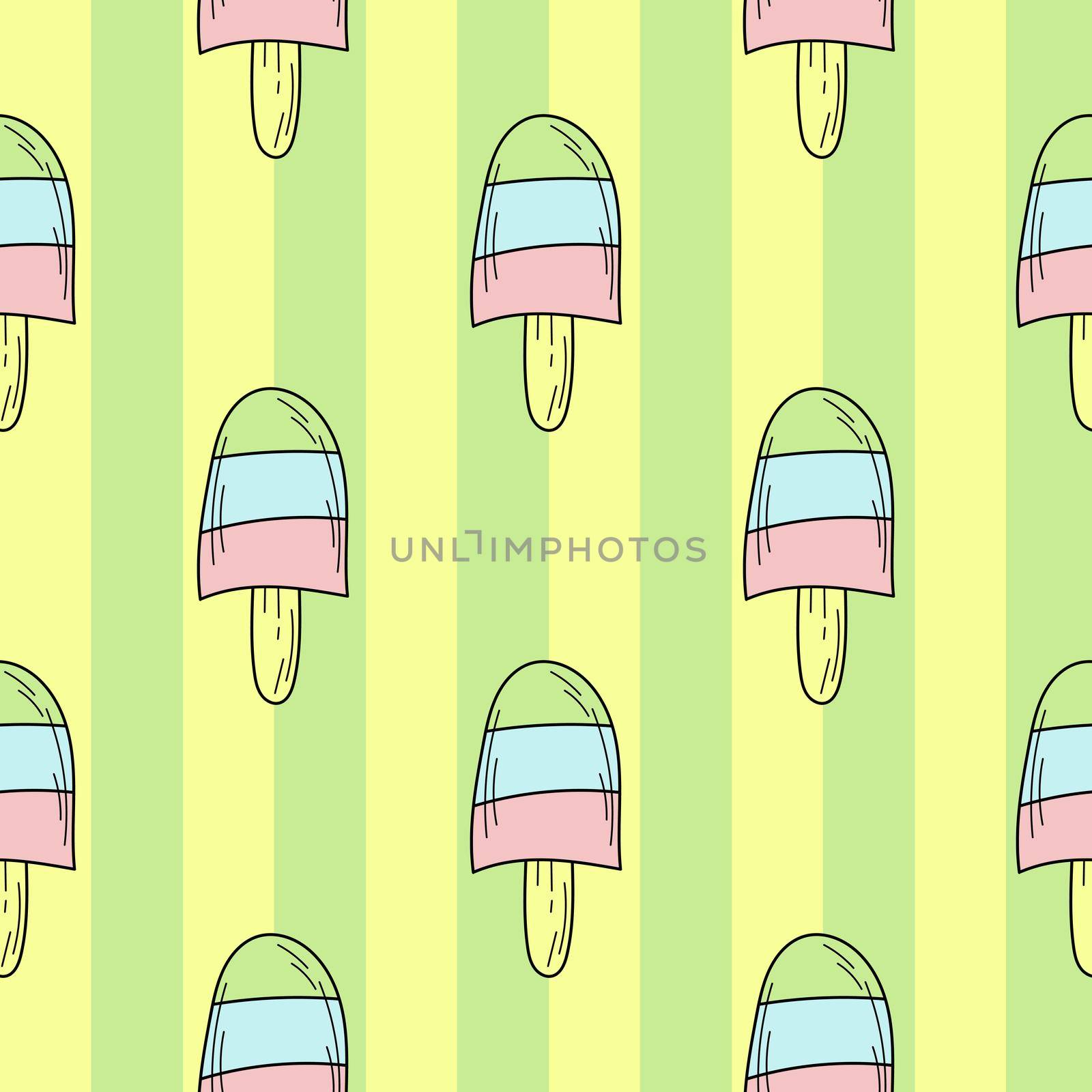 Seamless pattern of color hand drawn Ice cream for design. Endless pattern on green striped background for print, textile, packaging, menu
