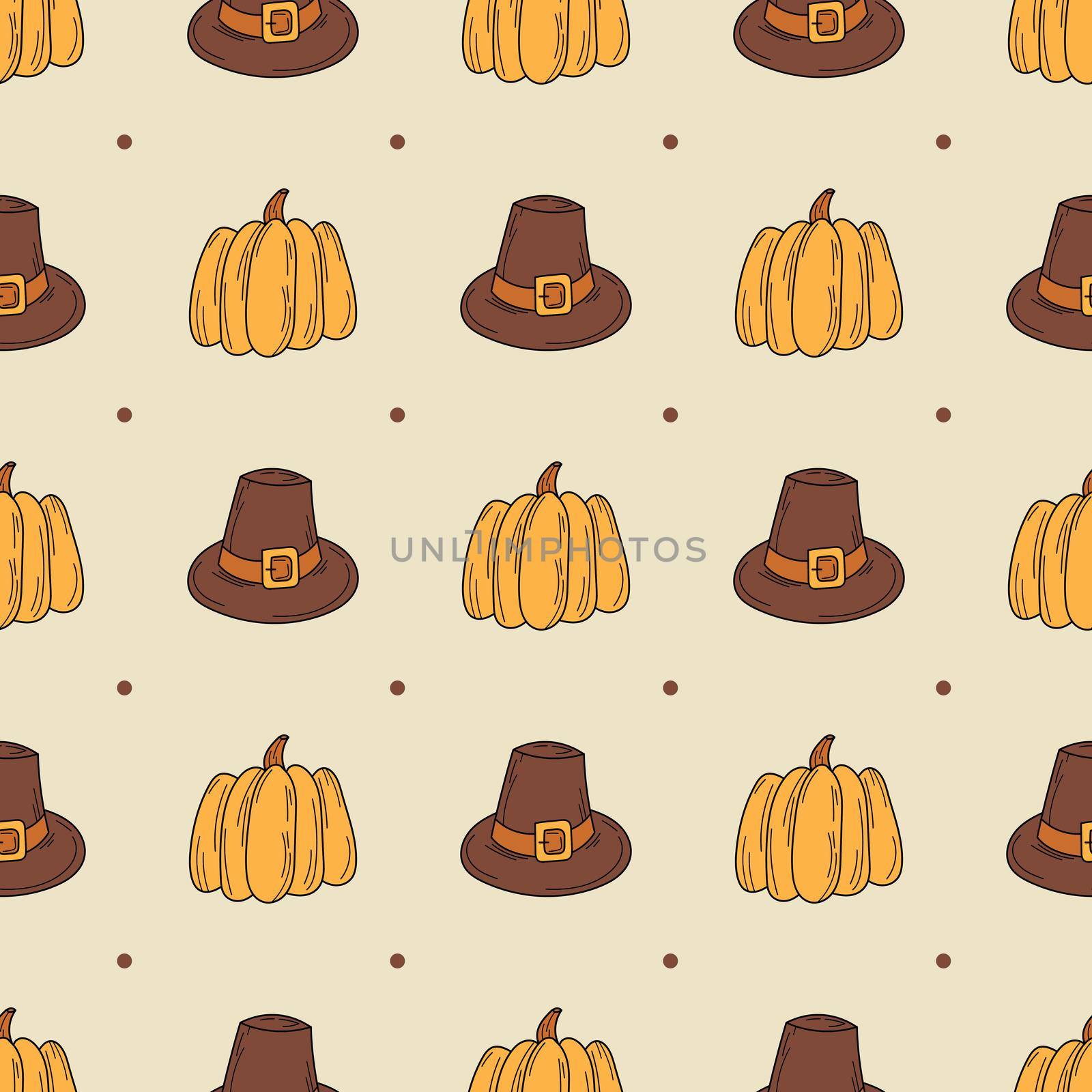 Seamless autumn pattern. Hat and pumpkin - seamless pattern. Hand drawn thanksgiving icons