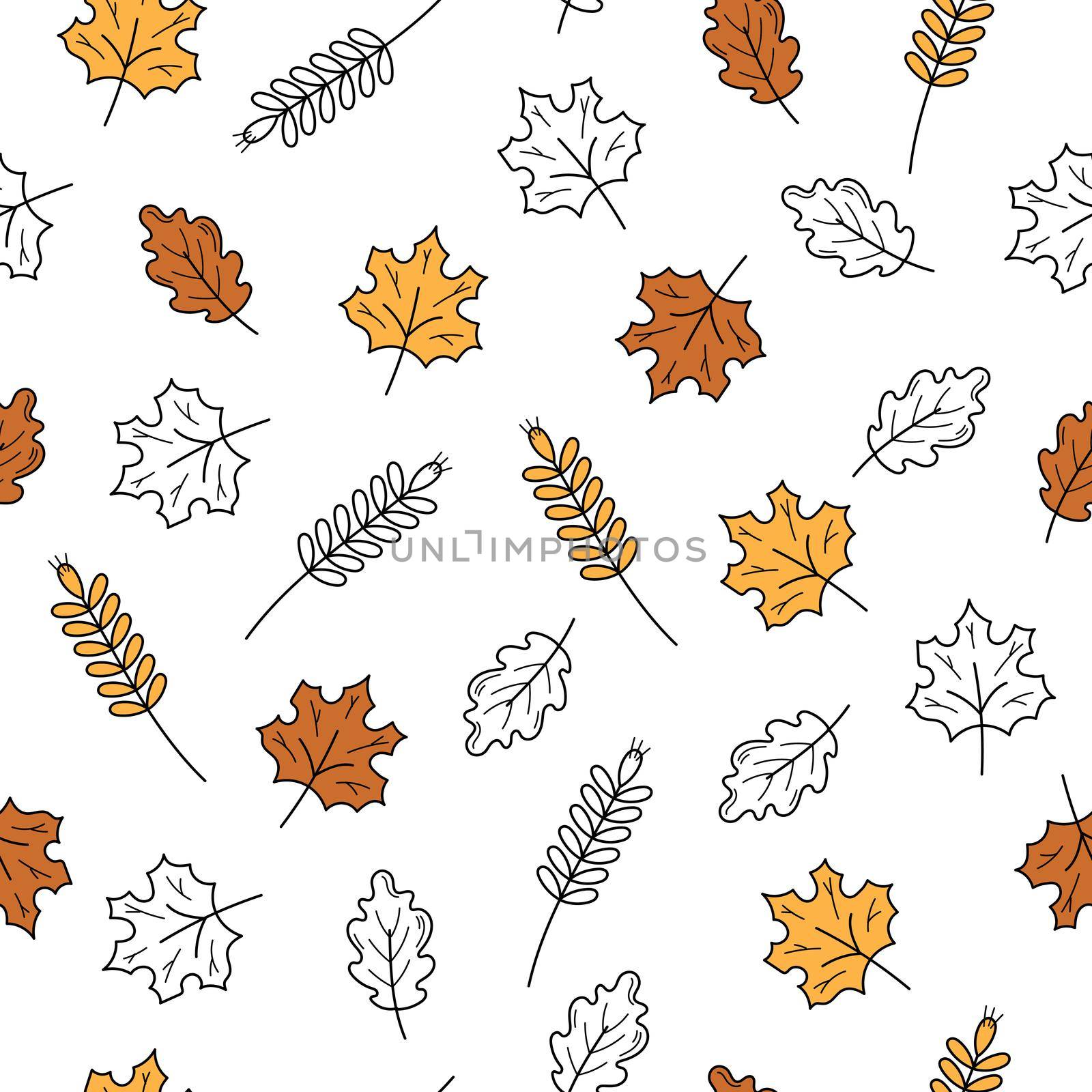 Colored and black and white icons of leaves hand drawn. Minimalistic endless pattern on a white background. Autumn seamless texture