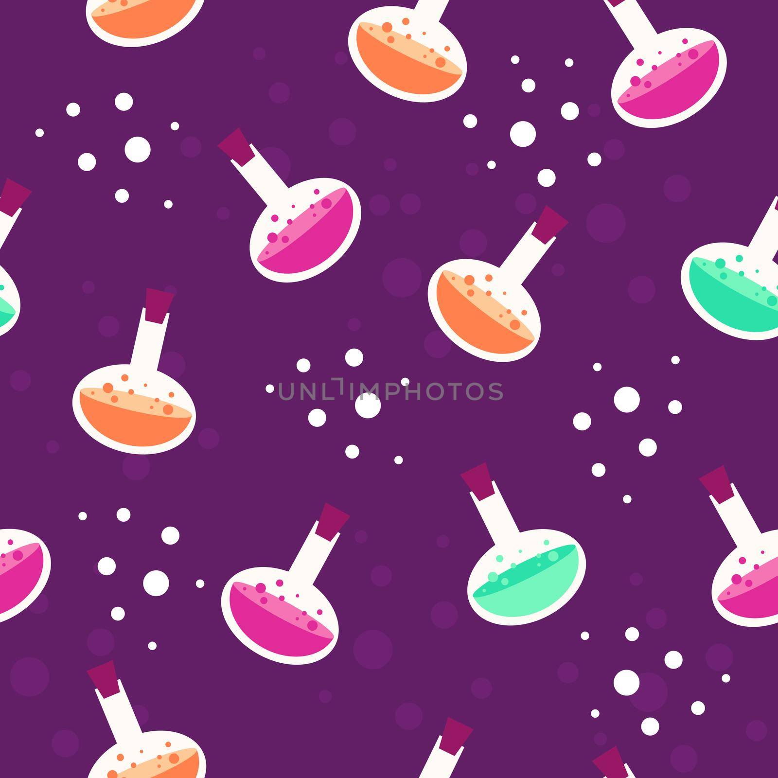 Bottles with poison on a purple background. Cartoon seamless pattern. Endless texture