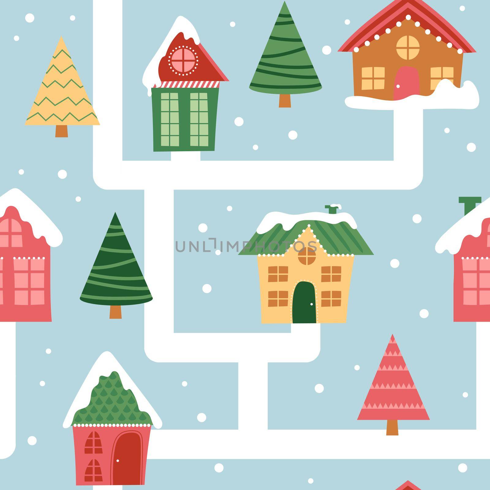 Cartoon winter christmas town seamless pattern. Snowy road between houses by natali_brill