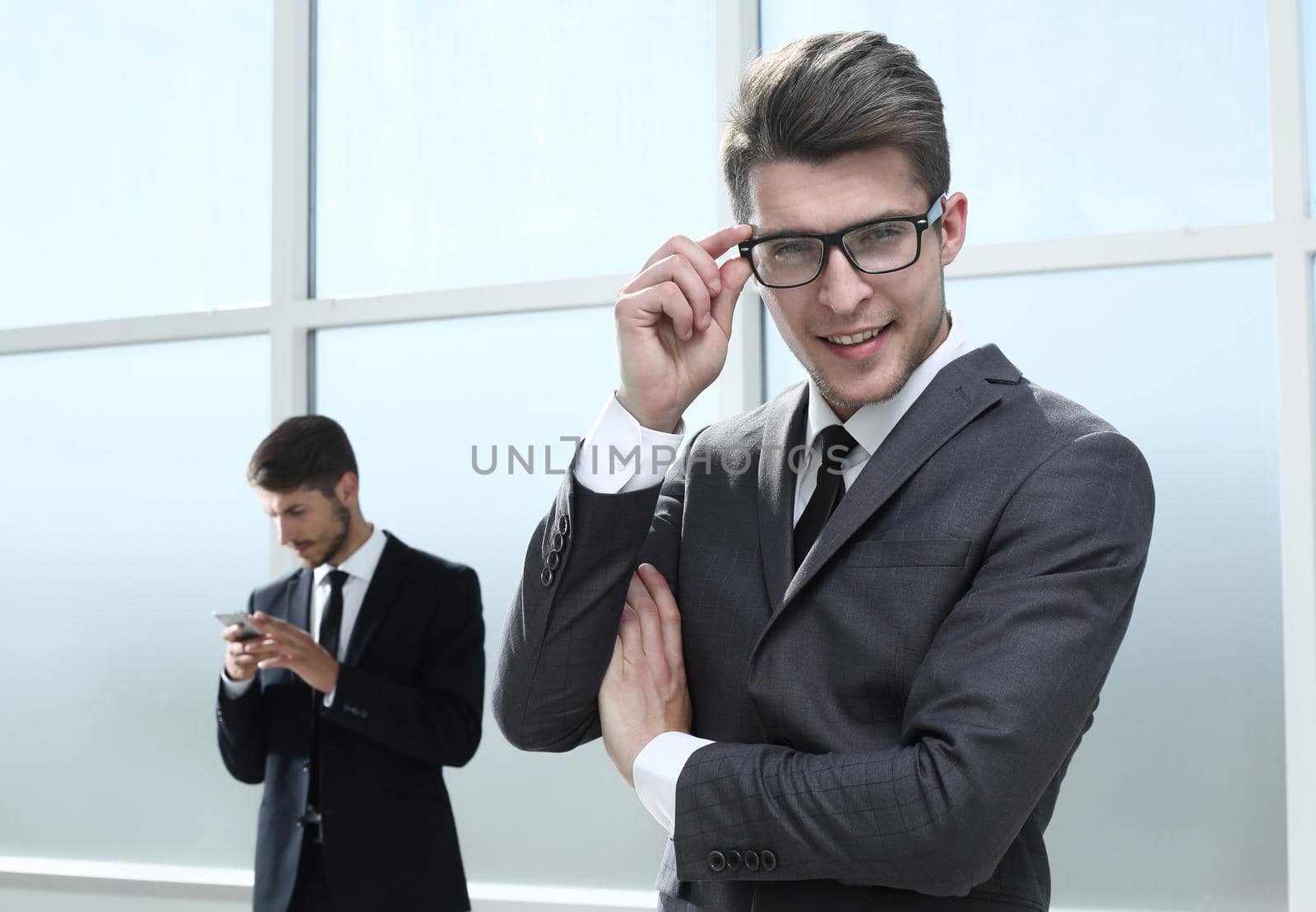confident, businessman, against, background, office