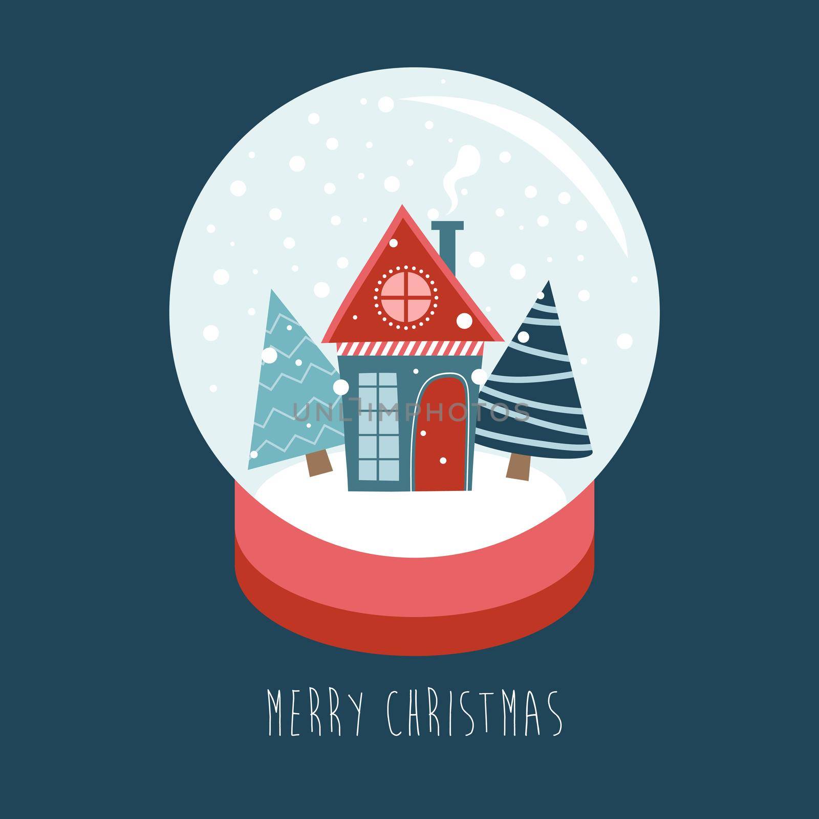 Merry christmas snow globe with a small house and fir-tree under the snow. New Year card