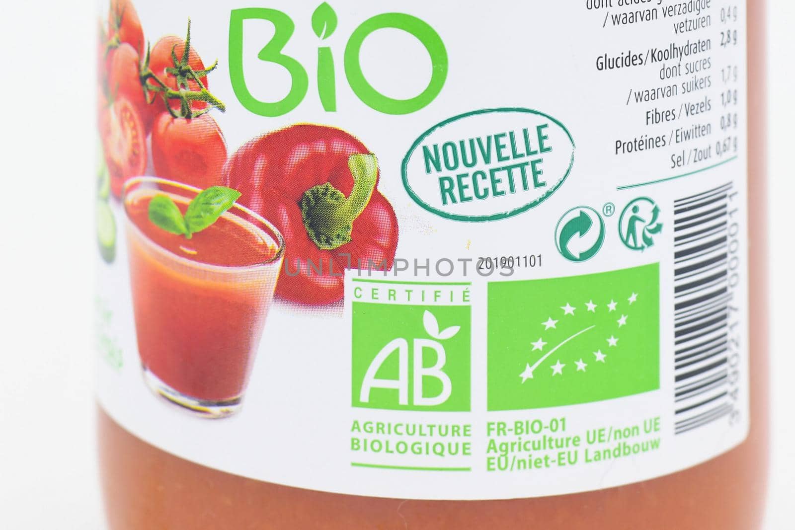 Paris, France - May 17, 2020: Gazpacho soup in a glass jar with a label Organic farming BIO
