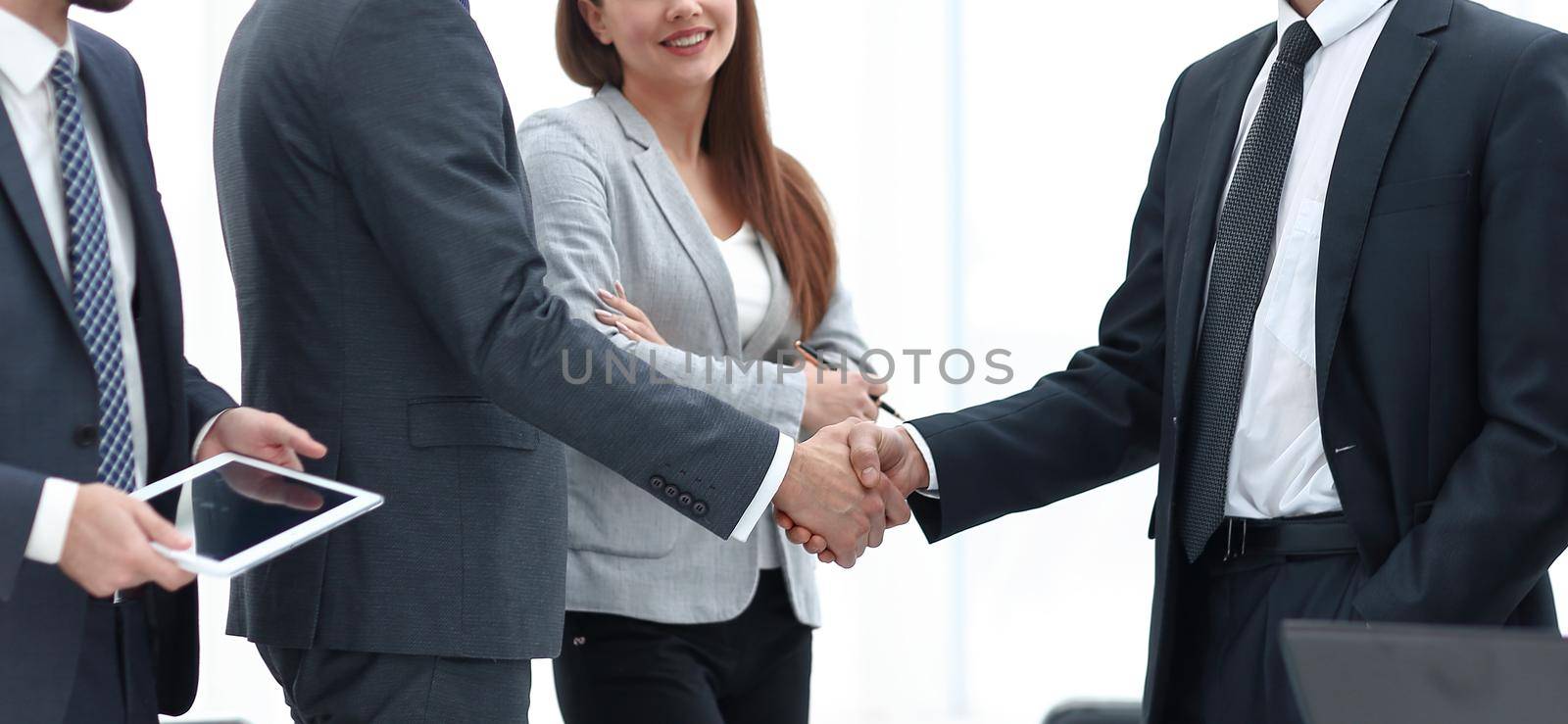 financial Manager and handshake of business partners.