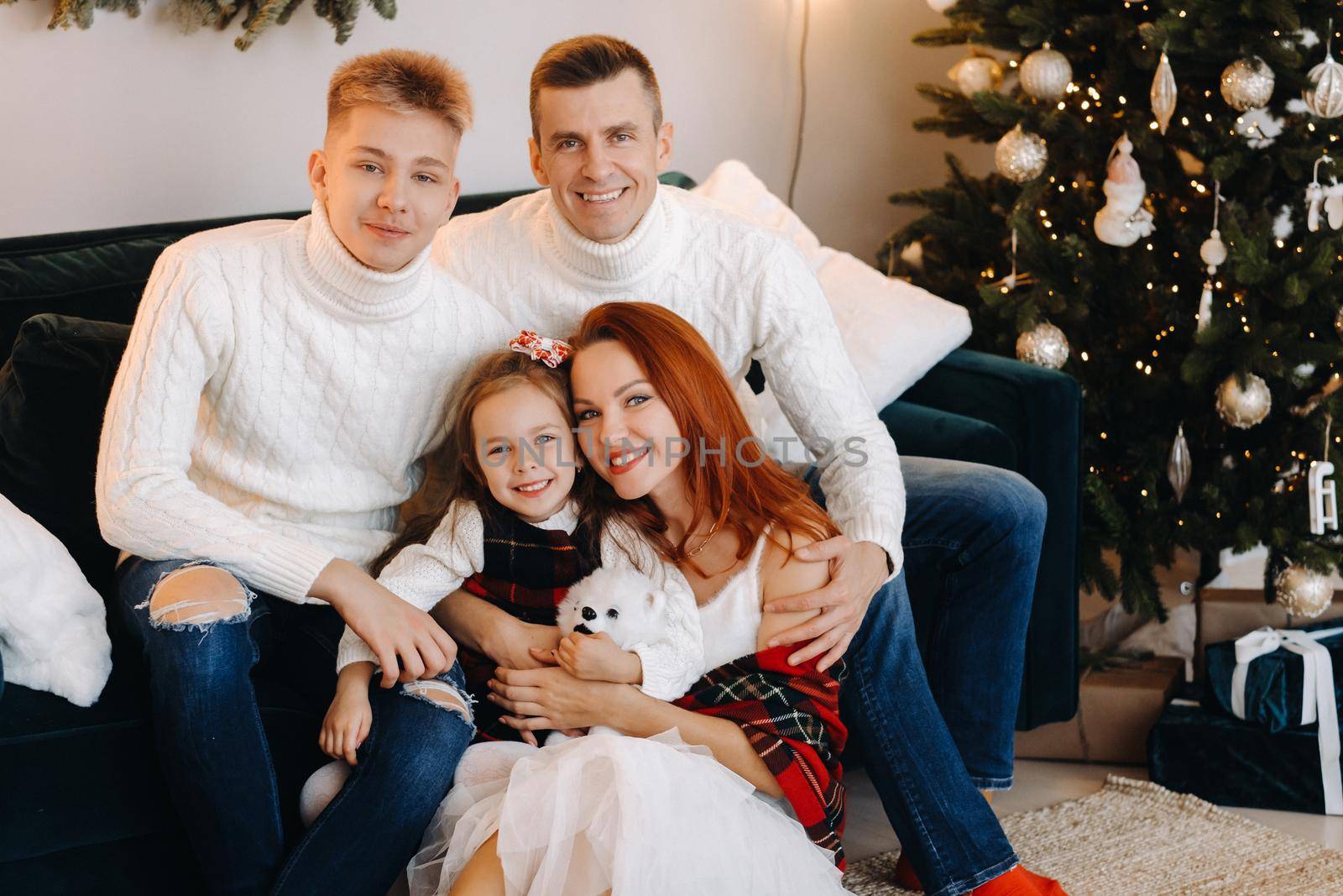 Close-up portrait of a happy family sitting on a sofa near a Christmas tree celebrating a holiday.