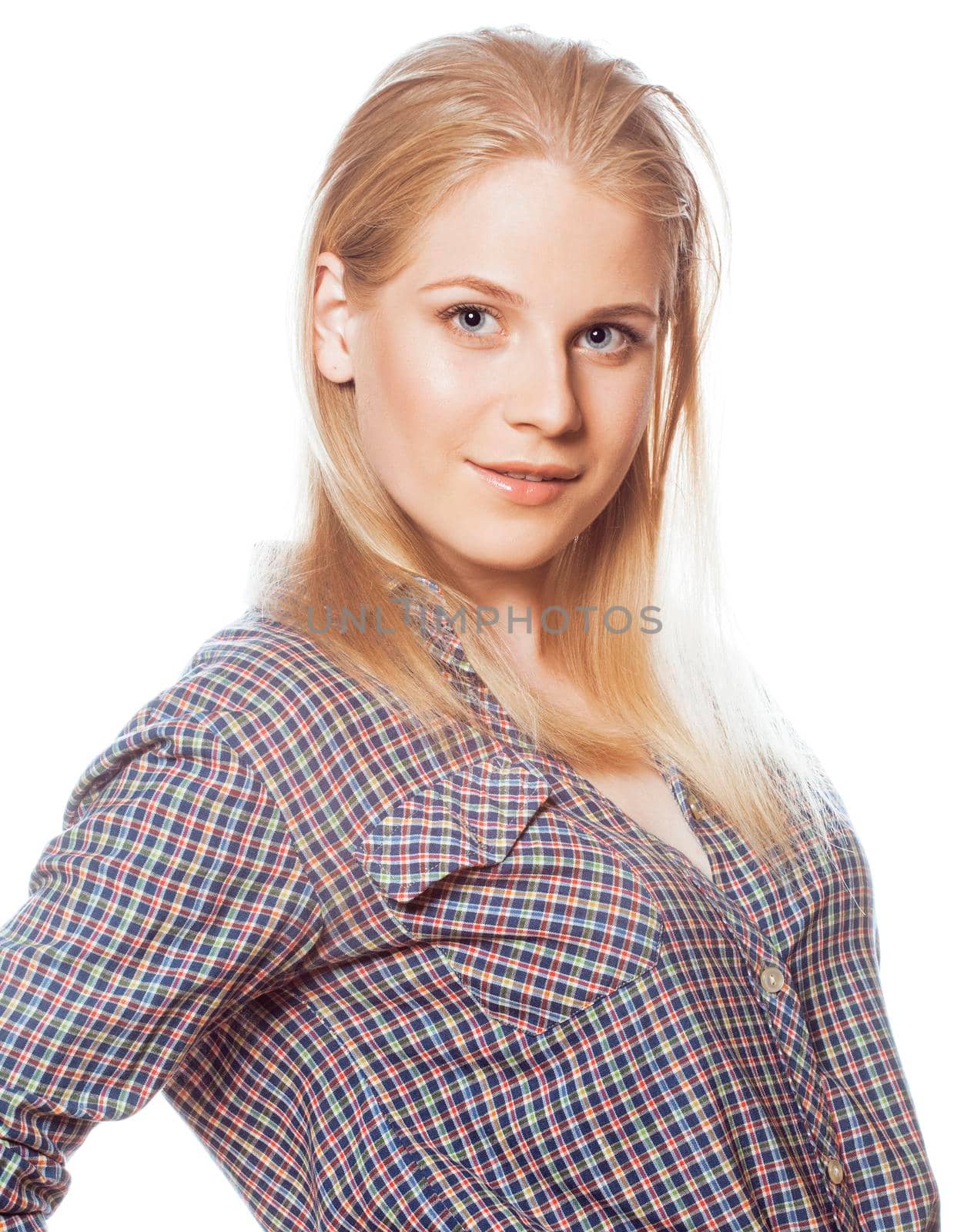 young pretty stylish blond hipster girl posing emotional isolated on white background happy smiling cool smile, lifestyle people concept close up