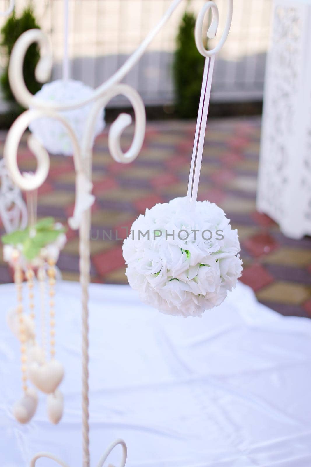 White wedding floristic round decoration. Concept of bridal element for decor.