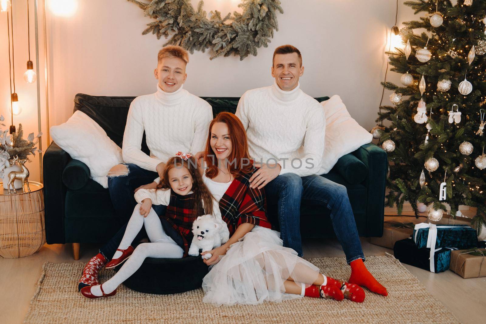 Close-up portrait of a happy family sitting on a sofa near a Christmas tree celebrating a holiday.