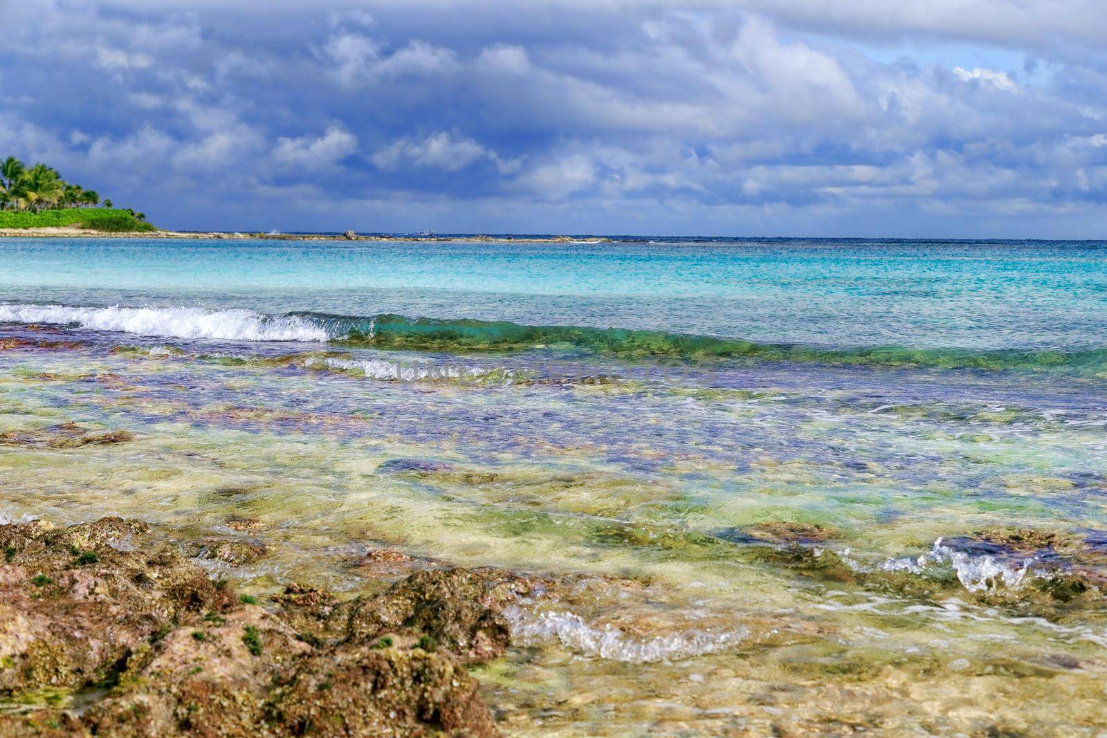 Tropical paradise, beach, white sand and blue sky with clouds. by kolesnikov_studio