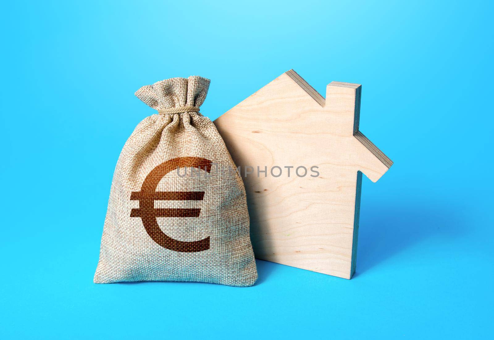 House silhouette and a euro money bag. Home purchase, investment in real estate construction. Mortgage loan. Property appraisal. Realtor services. House project development. Rental business by iLixe48
