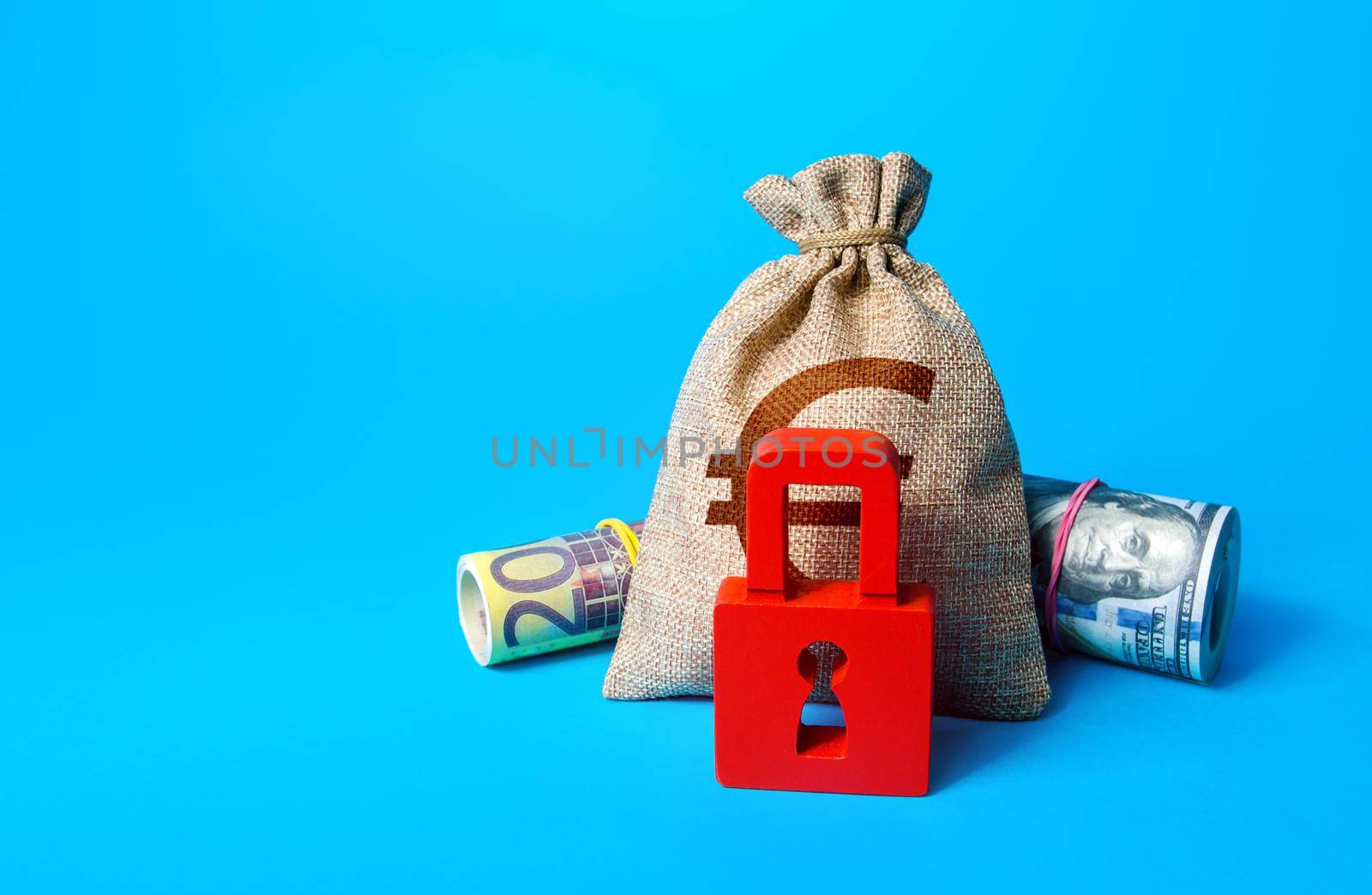 Euro money bag and red padlock. Sanctions and Restrictions. Freezing of assets, seizure of savings and property. Transaction restrictions. Unavailability of loans, low credit rating. Fund reservation.
