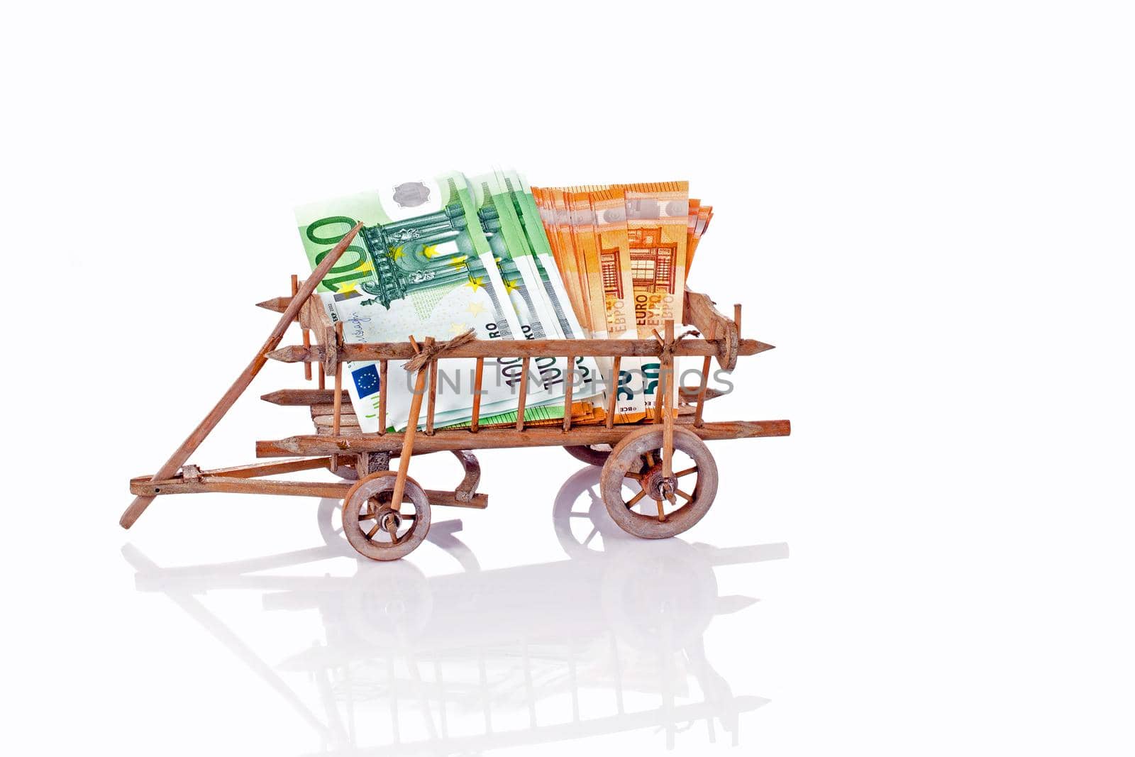 An old wooden cart full of money on a white background