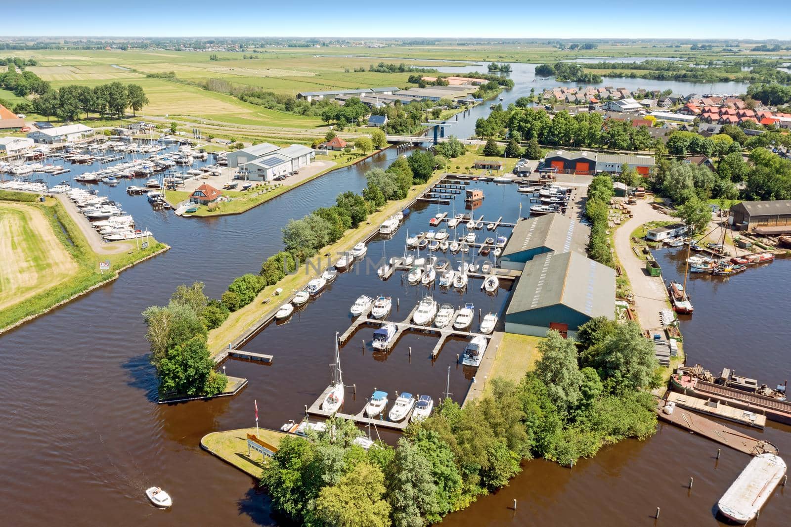 Aerial from the harbor from Terherne in Friesland the Netherlands by devy