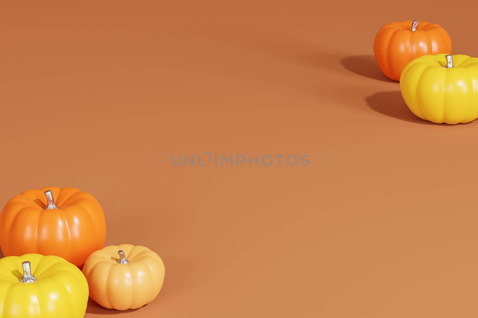 Pumpkins on brown minimal background for advertising on autumn holidays or sales, copy space, 3d render by Frostroomhead