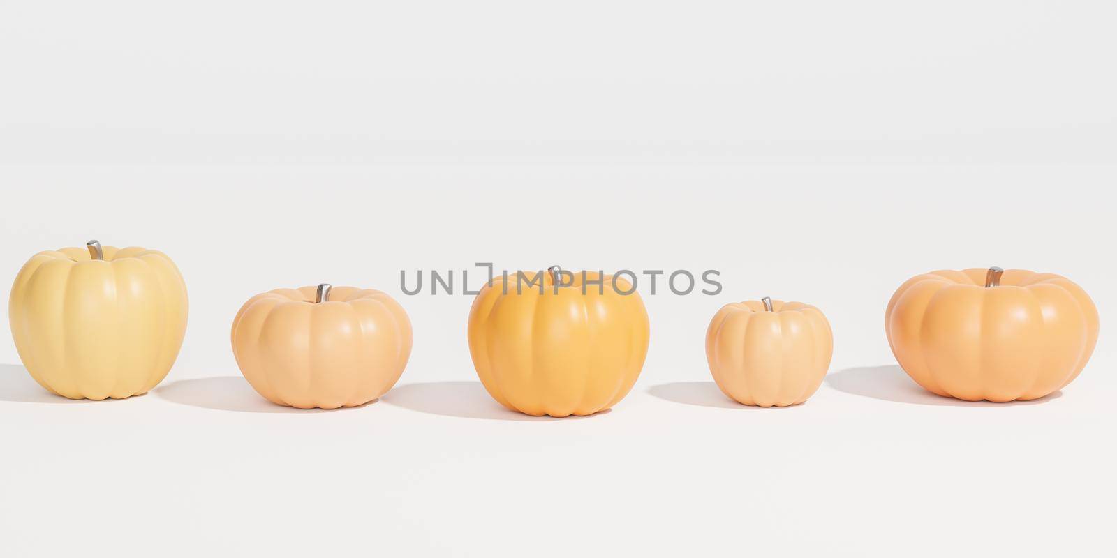 Pumpkins set on white background for advertising on autumn holidays or sales, 3d banner render