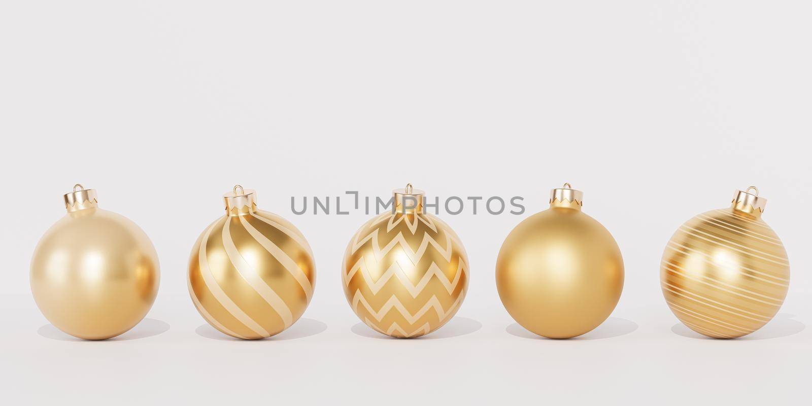 Christmas or New Year holidays banner background with golden baubles or ornaments, 3d render