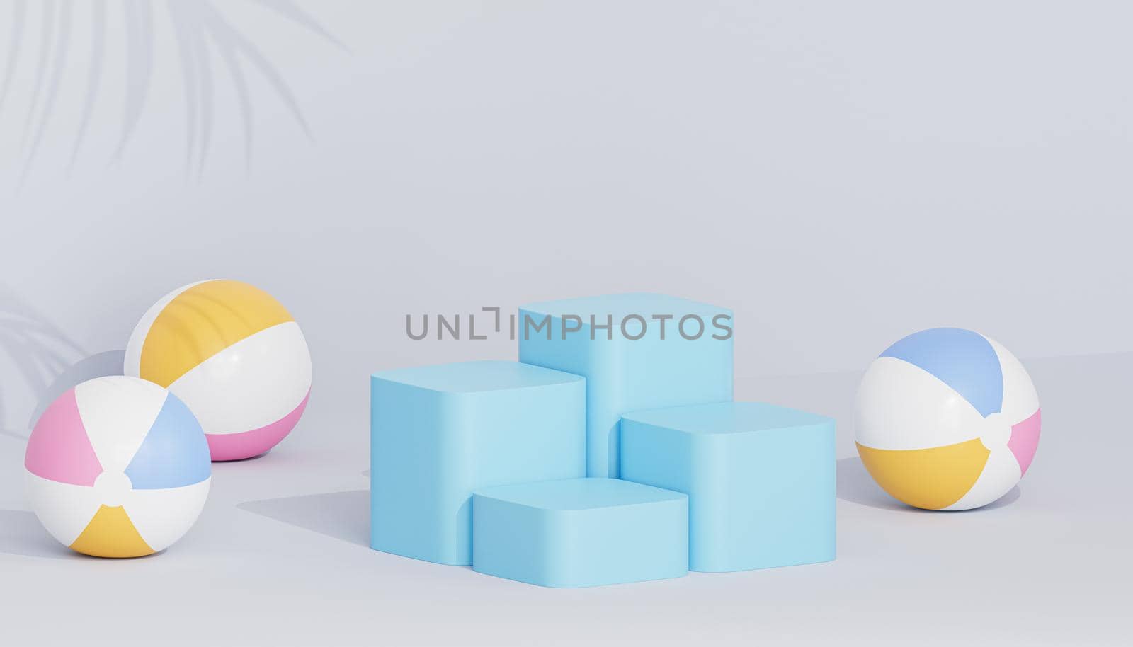 Blue podiums or pedestals for products or advertising on tropical background with beach balls, 3d render by Frostroomhead