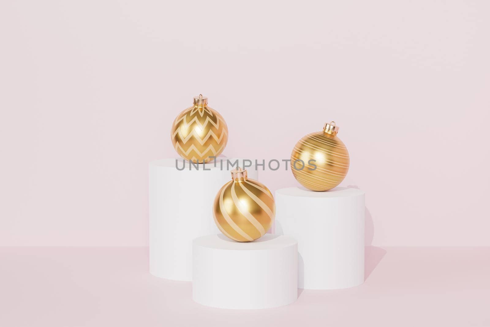 Christmas or New Year holidays background with golden baubles or ornaments on podiums, 3d render by Frostroomhead