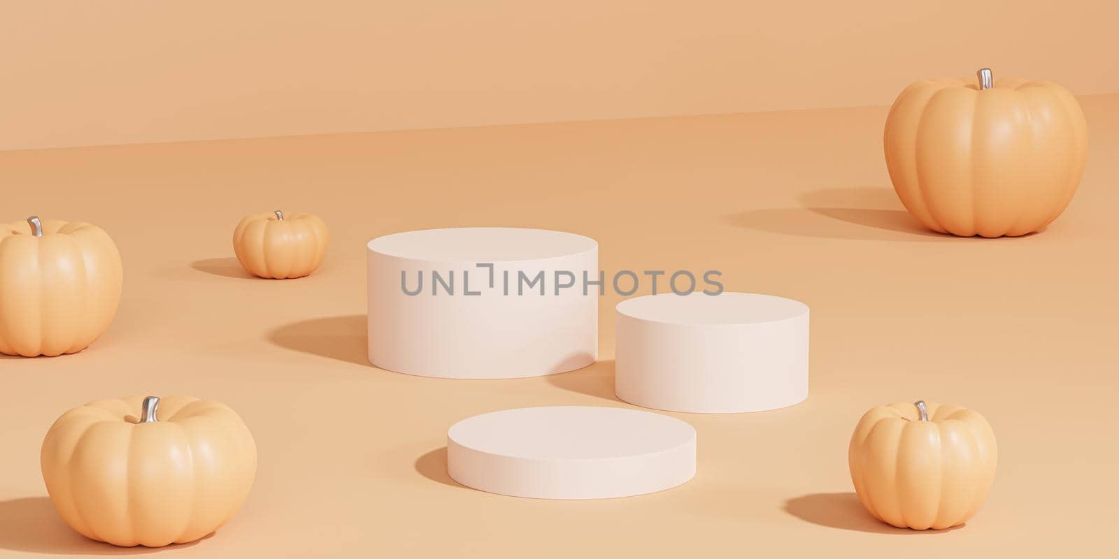 Podiums or pedestals with pumpkins for products display or advertising for autumn holidays on orange background, 3d render banner