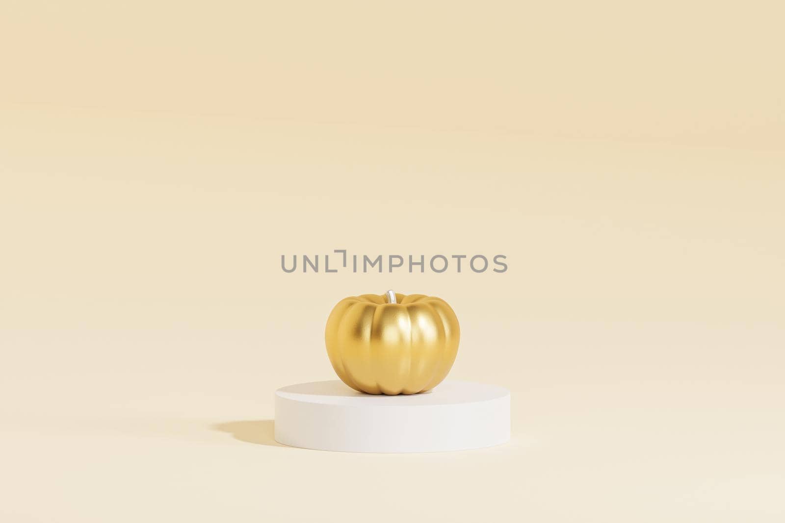Golden pumpkin on beige background for advertising on autumn holidays or sales, 3d render