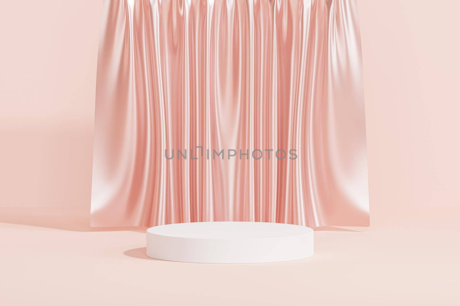 White podium or pedestal for products or advertising on pink background with curtains, 3d render