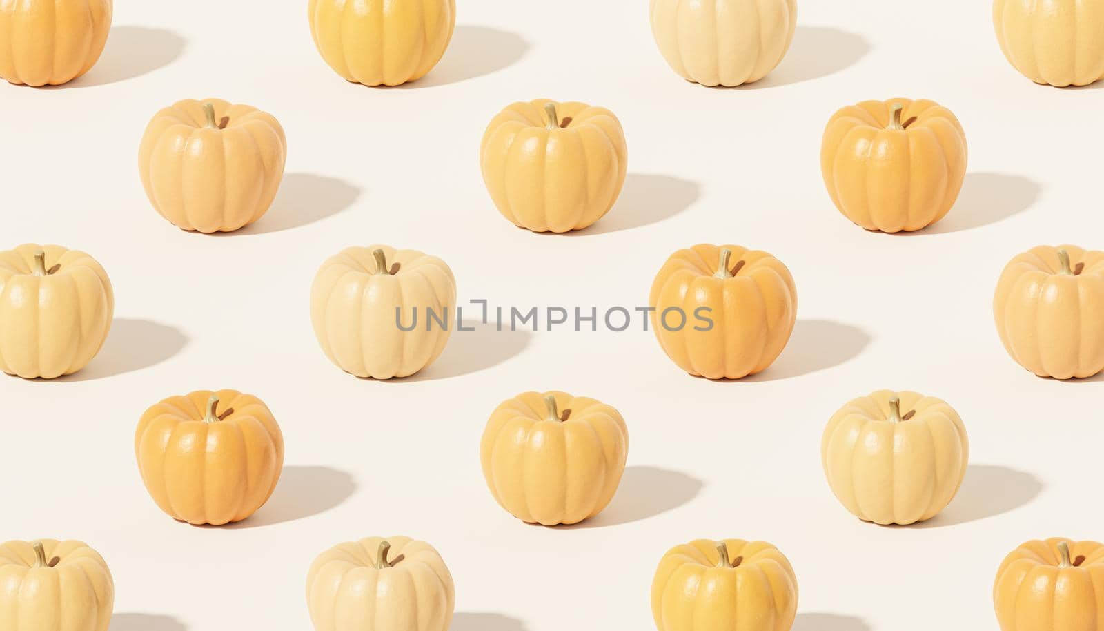 Pumpkins pattern on white background for advertising on autumn holidays or sales, 3d render