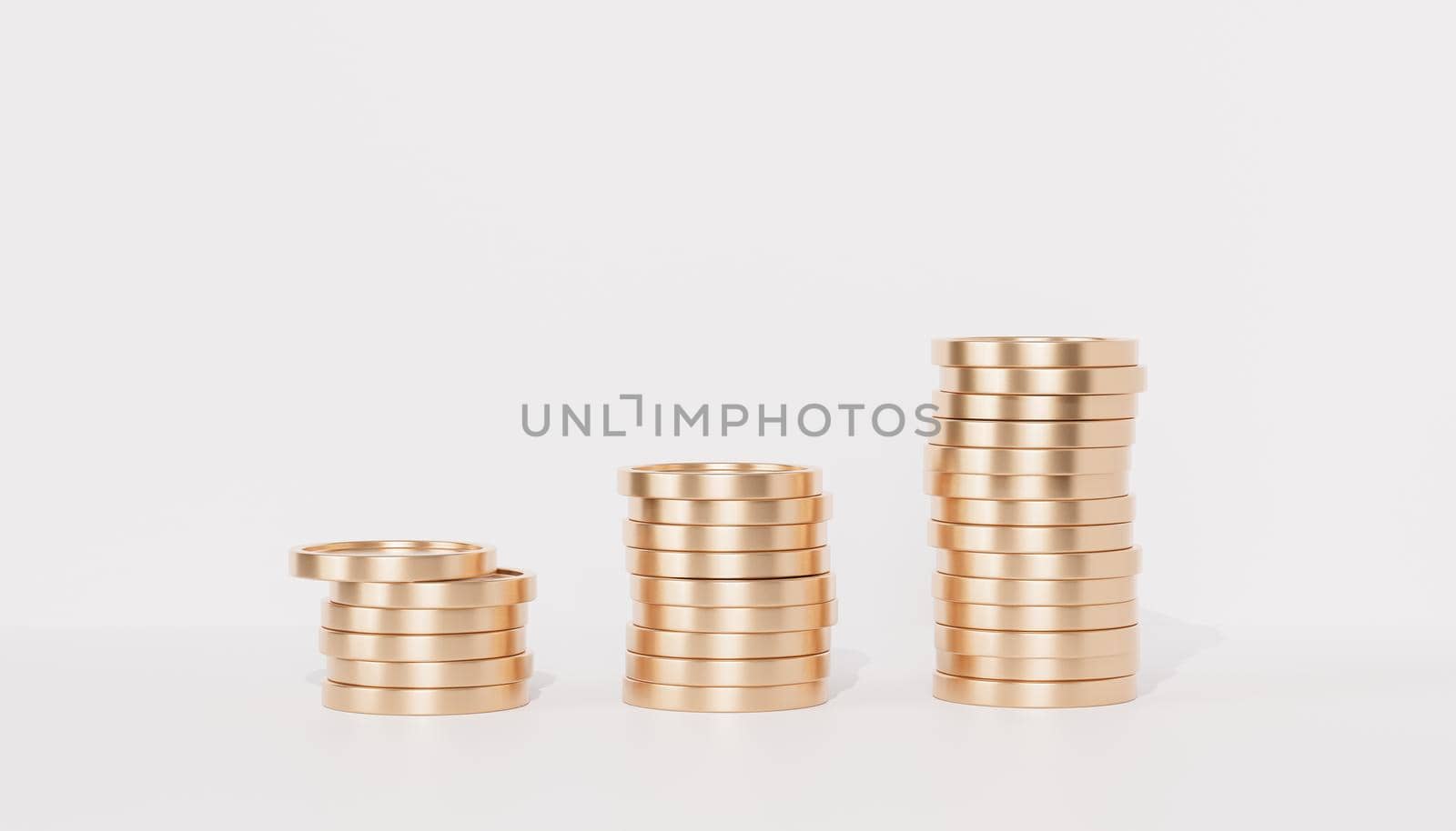 Golden coin stacks growing graph on white background, business investment and saving money concept, realistic 3d render by Frostroomhead