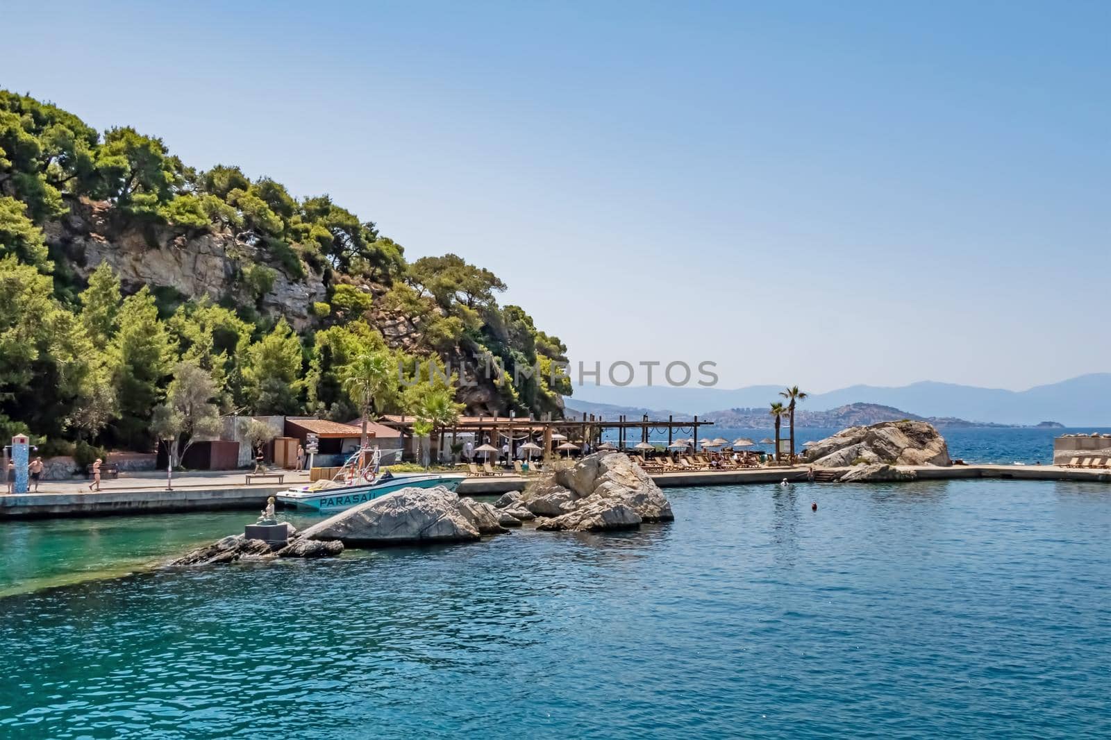 Kusadasi,Aydin,Turkey- July 25,2021.The view from Pinebay holiday village and resort in Kusadasi, in the sea and nature and summer sesason.