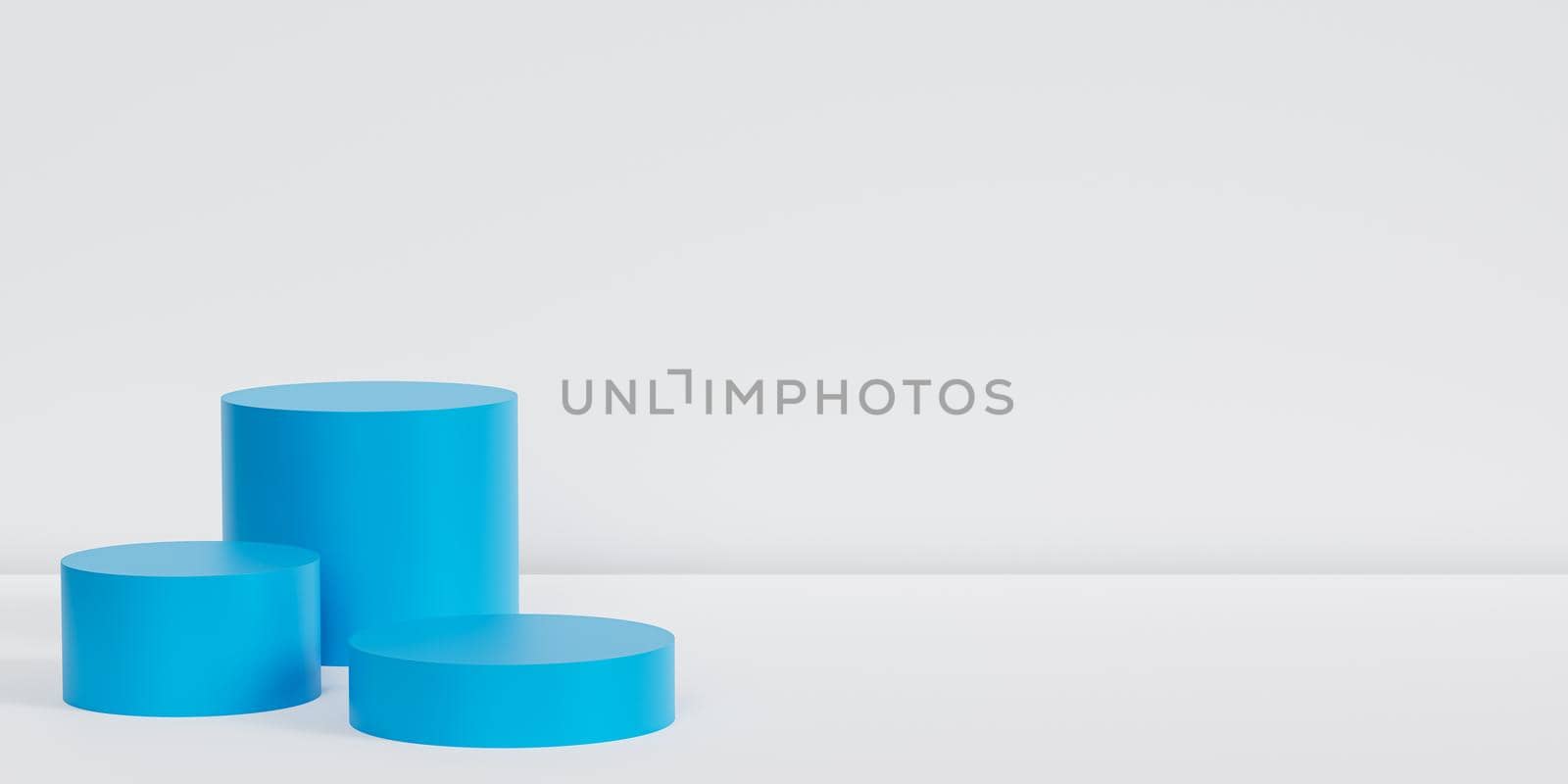 Blue podiums or pedestals for products or advertising on white banner background with copy space, 3d render by Frostroomhead