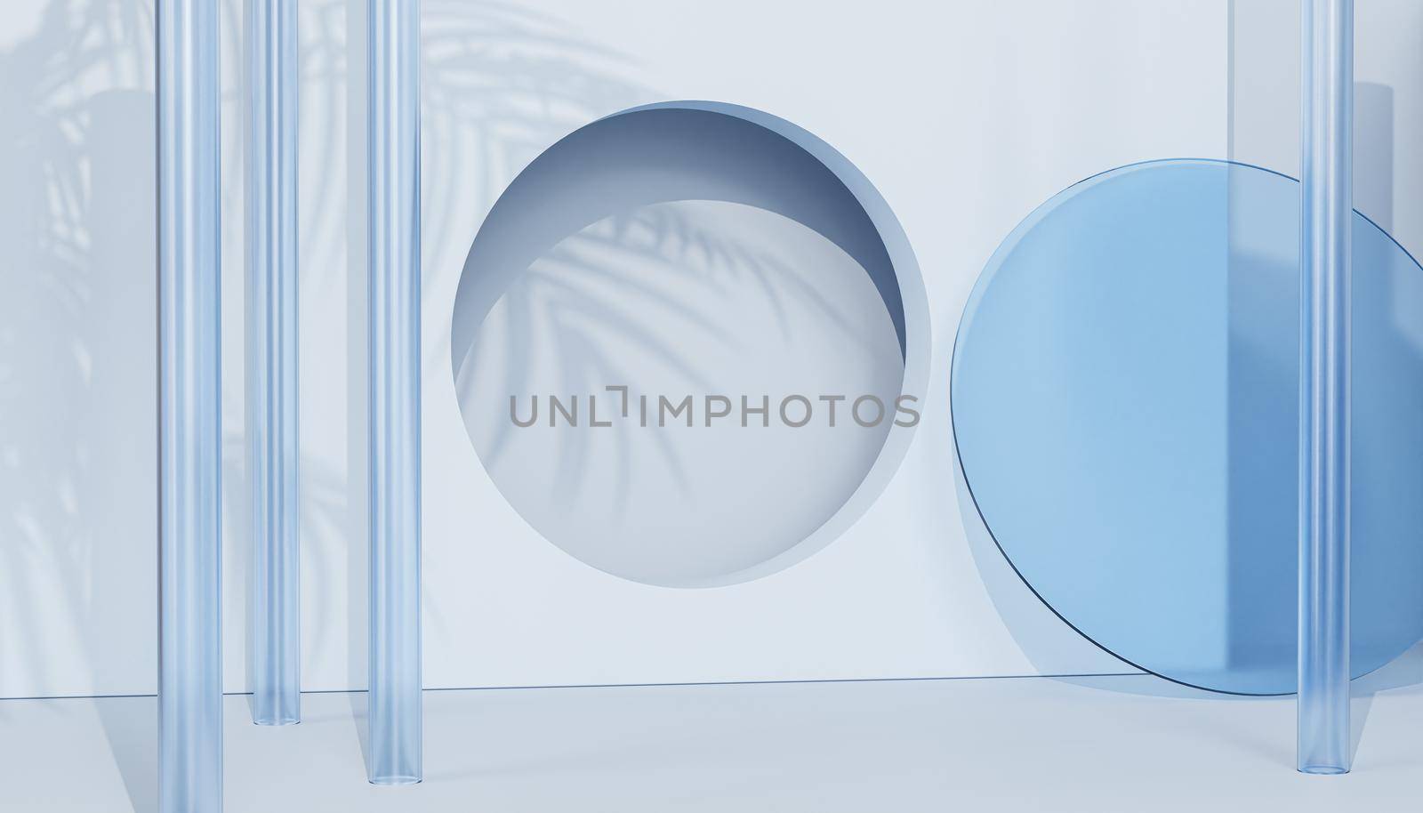 Summer blue background with glass objects and tropical leaves shadows, 3d illustration render