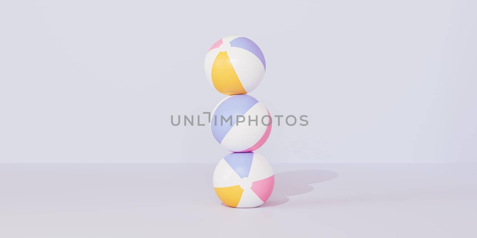 Summer blue banner with inflatable beach balls standing on each other, 3d illustration render