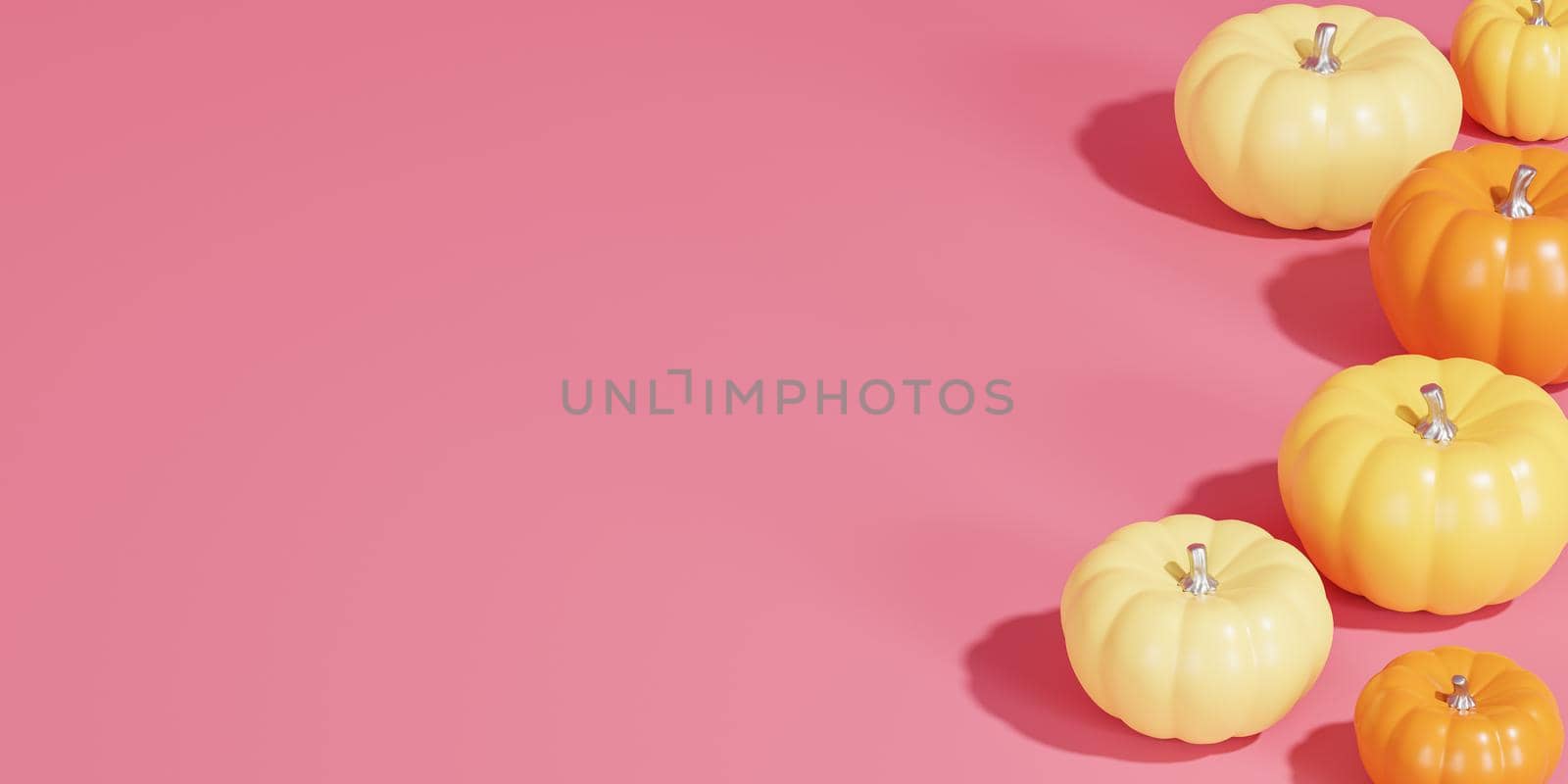Pumpkins on pink minimal background for advertising on autumn holidays or sales, copy space, 3d render banner