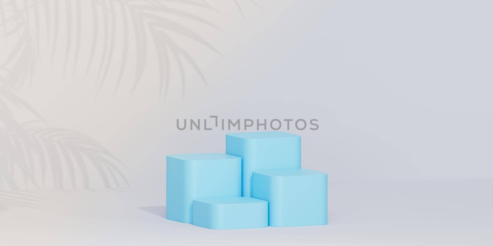 Blue podiums or pedestals for products or advertising on tropical background with palm leaf shadows, 3d render by Frostroomhead