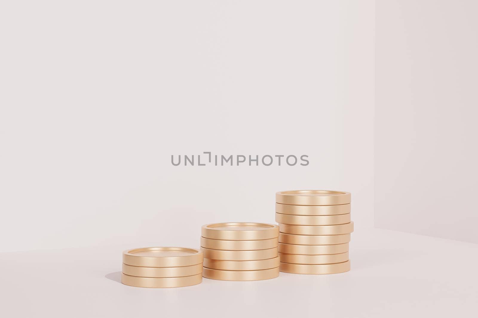 Golden coin stacks growing graph on white background, business investment and saving money concept, realistic 3d render by Frostroomhead