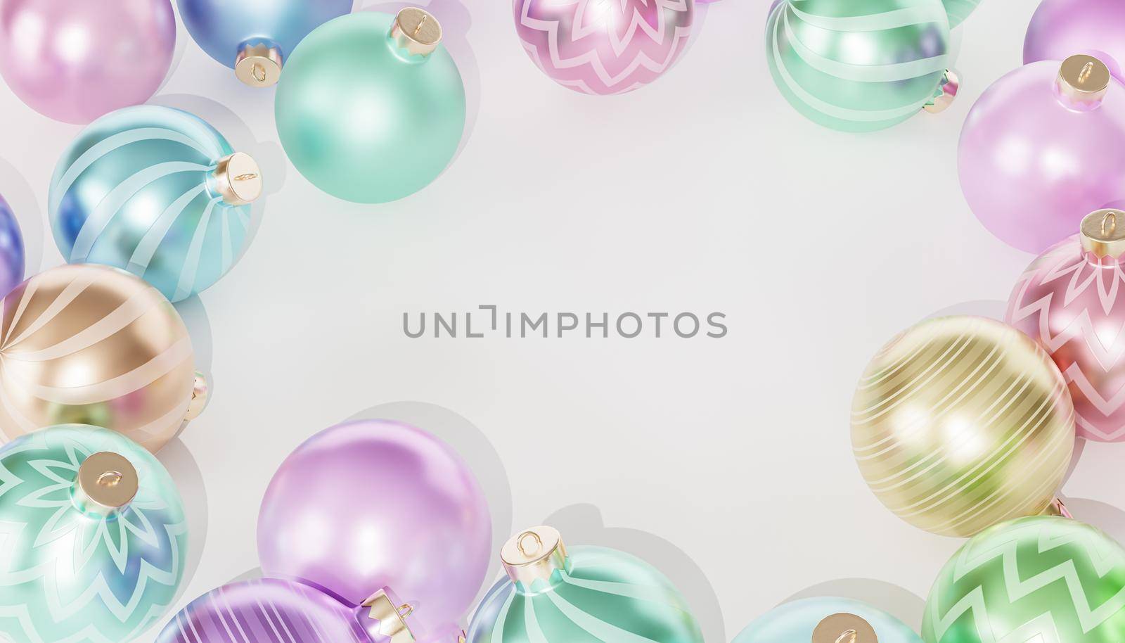 Christmas or New Year holidays banner background with baubles or ornaments, copy space, 3d render by Frostroomhead