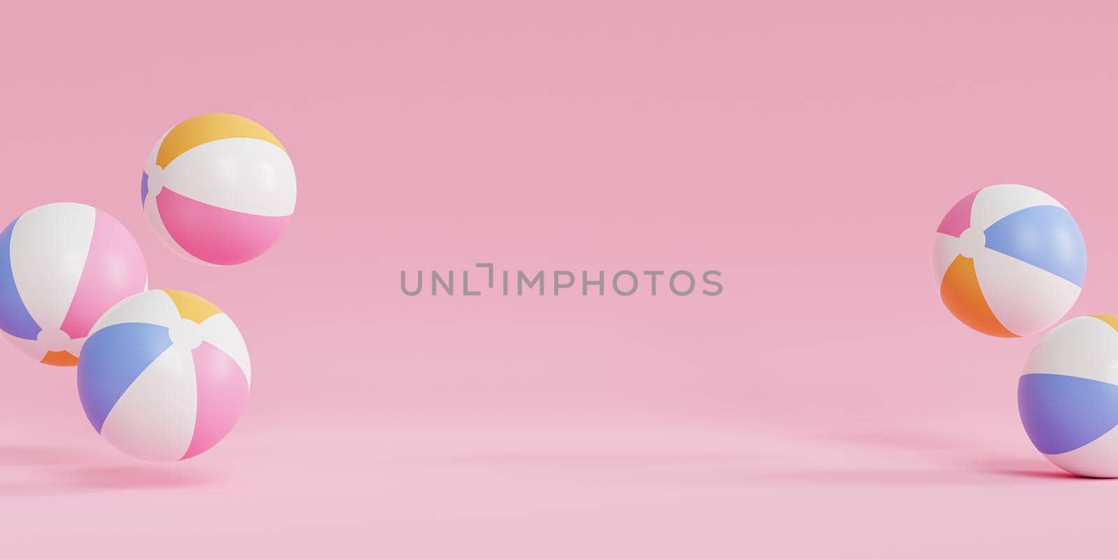 Summer pink banner background with inflatable beach balls, copy space, minimal 3d render by Frostroomhead
