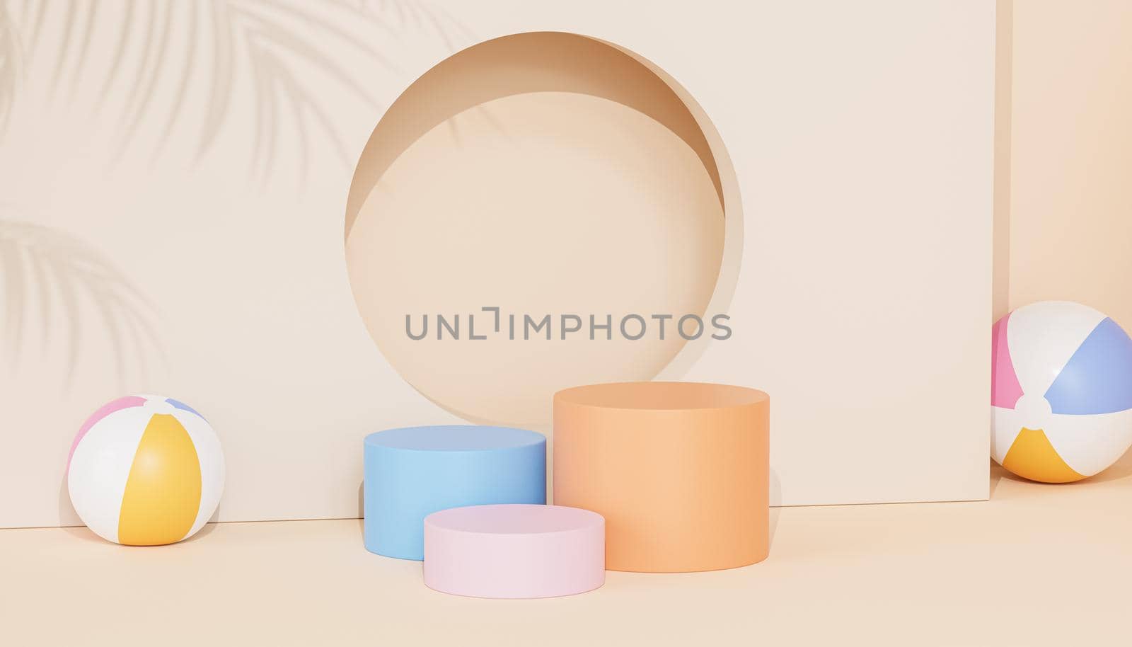 Podiums or pedestals for products or advertising on tropical beige background with beach balls, 3d render by Frostroomhead
