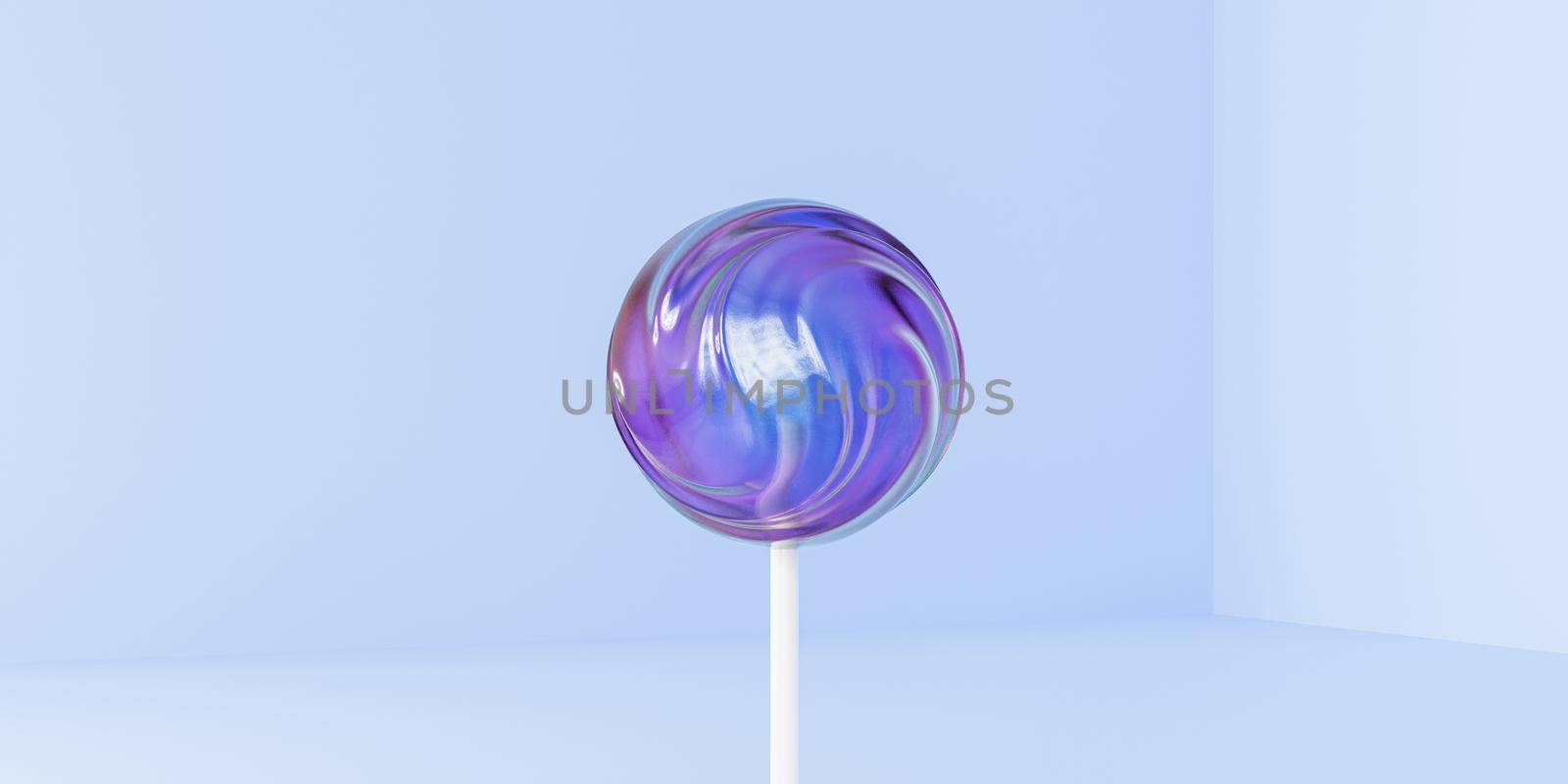 Shiny lollipop sweet candy on stick, blue pastel banner, 3d render by Frostroomhead