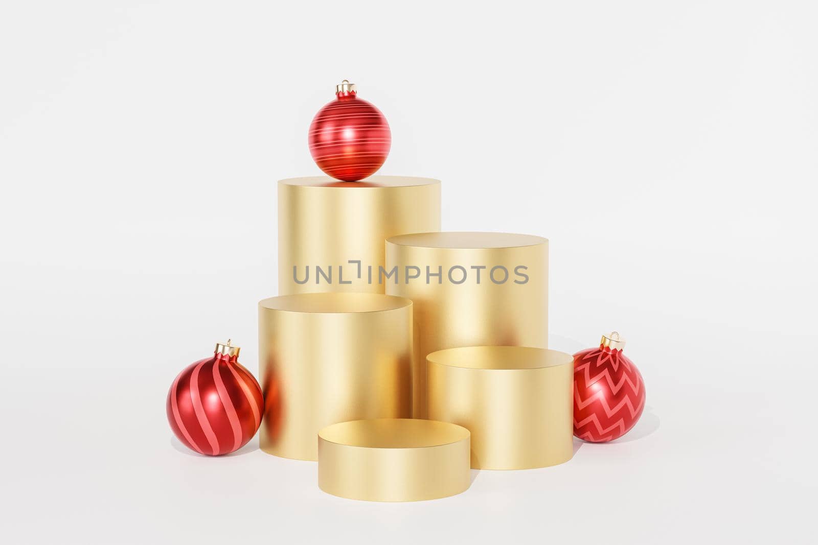 Christmas or New Year holidays golden podiums or pedestals for products or advertising background with red baubles, 3d render