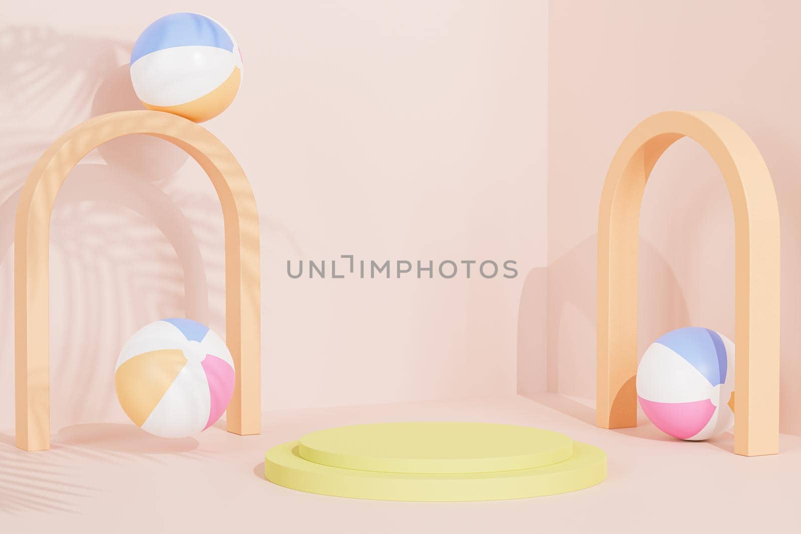 Yellow podium or pedestal for products or advertising on beige tropical background with beach balls and arches, 3d render
