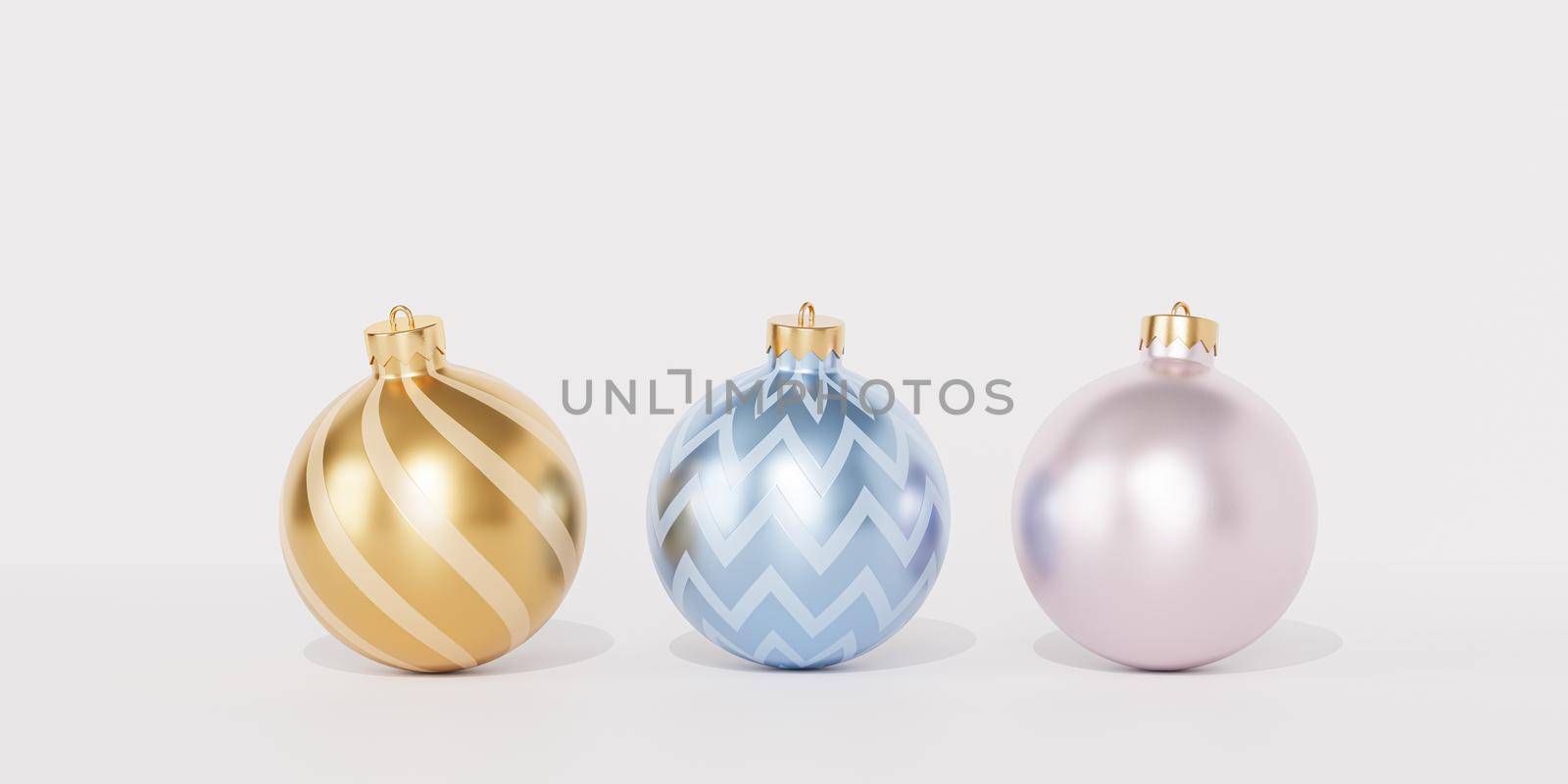 Christmas or New Year holidays banner background with golden and blue baubles or ornaments, 3d render