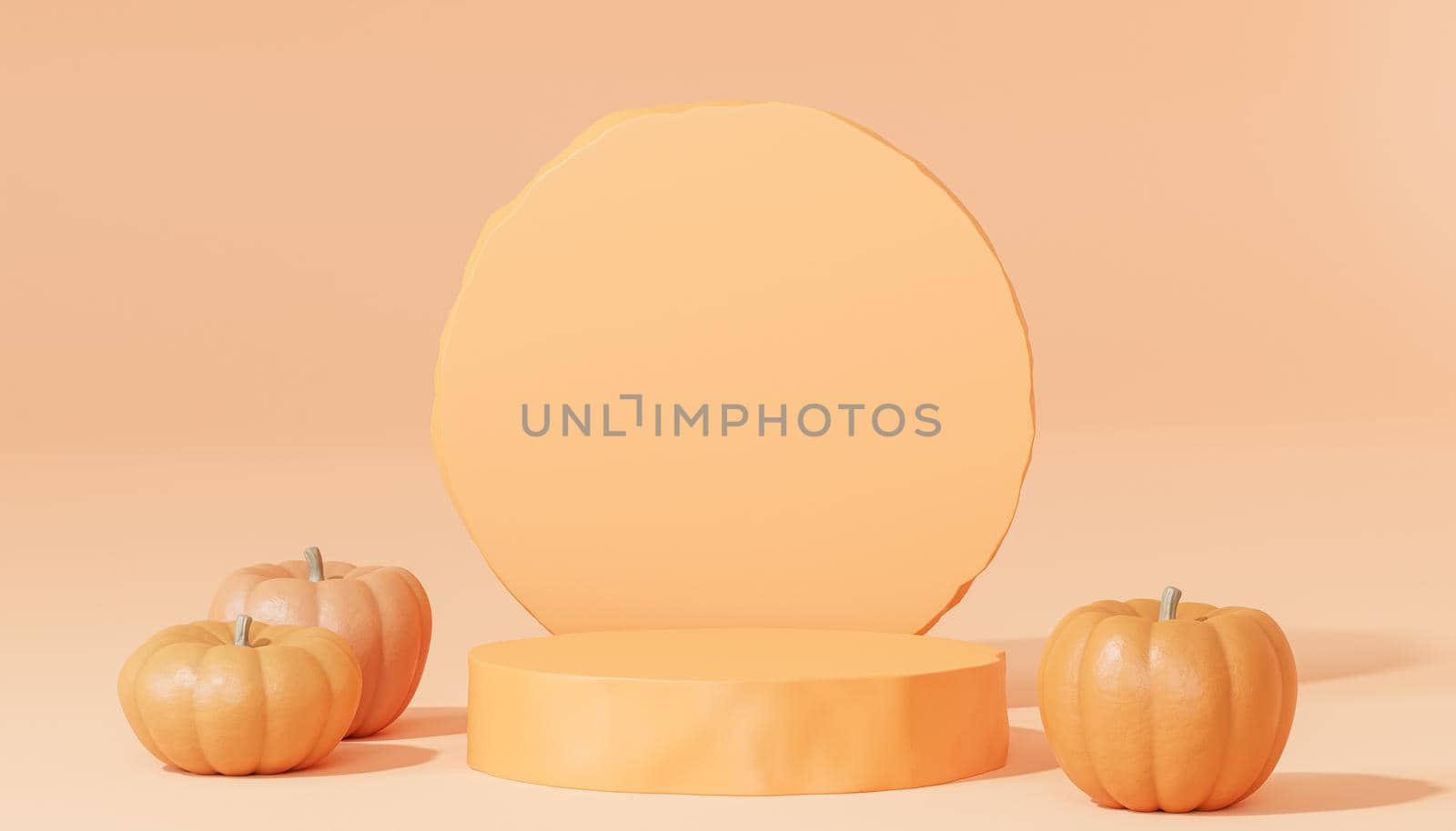 Podium or pedestal with pumpkins for products display or advertising for autumn holidays on orange background, 3d render