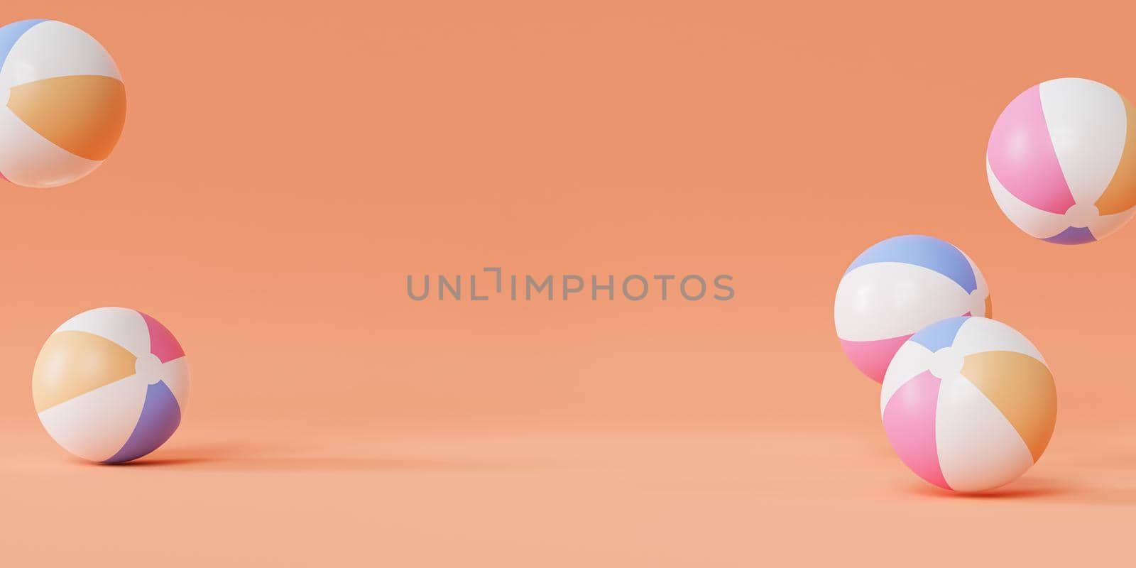Summer orange banner background with inflatable beach balls, copy space, minimal 3d render